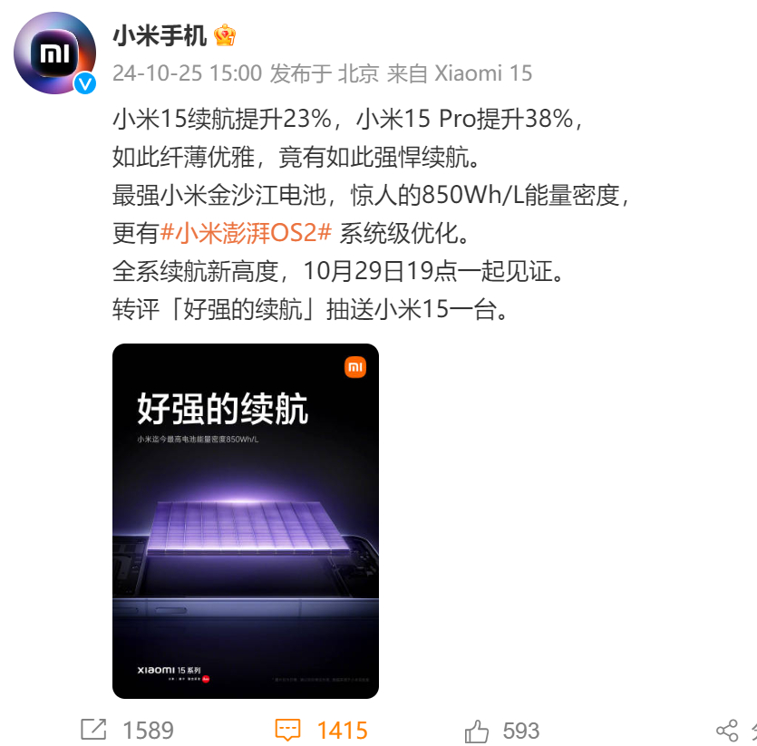 小米15上的这电池技术过于逆天了，同等体积下，容量暴涨25%，这波直接刷新对电池