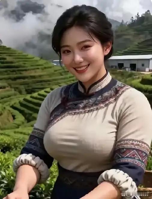 采茶女笑靥如花，辛勤付出终得回报，丰收喜悦挂在脸上。