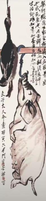 1926年齐母病逝。齐白石让27岁的李苦禅画了猪和鸭子予备烧掉祭祀母亲；谁知在齐