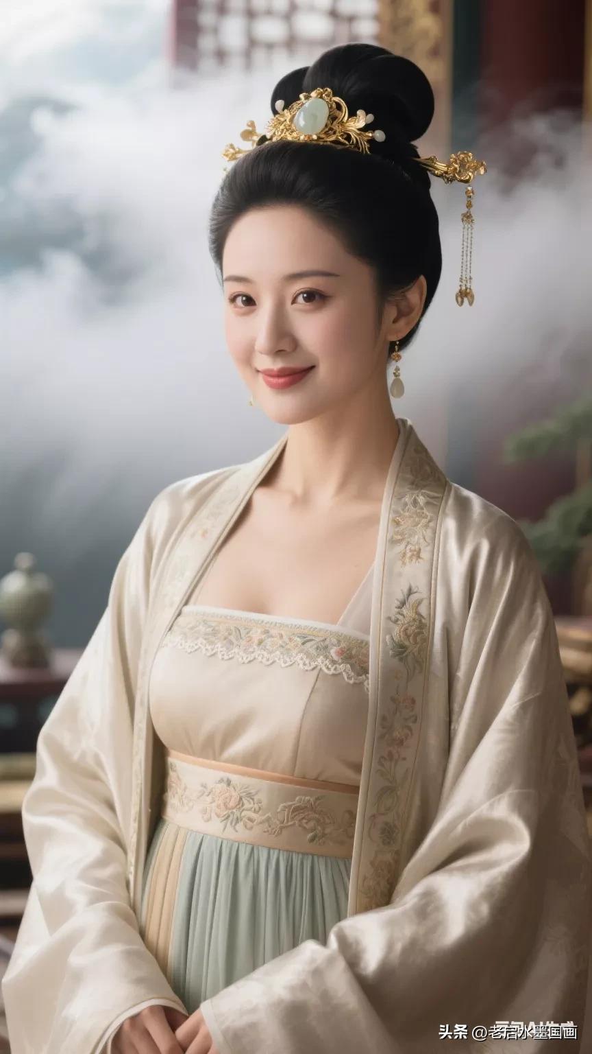 云鬓花钿，玉人如画。张立启原创书画AI作品古仕女发髻服饰集锦首发5ai唐妆团扇像