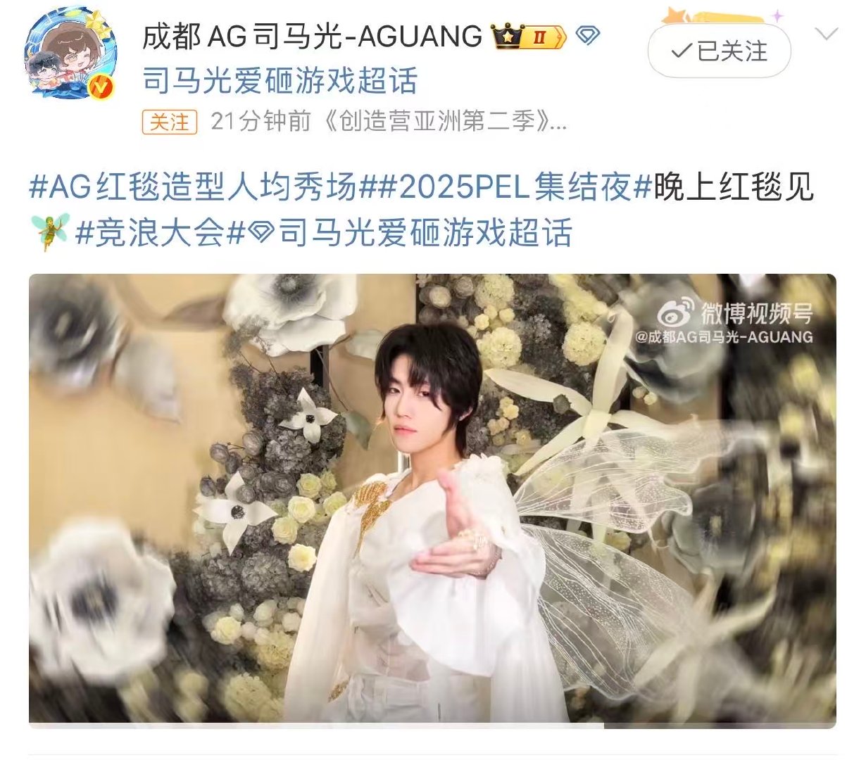 AG司马光精灵王子造型  赛场上是击碎黑暗的锐利光芒，红毯上是引领梦境的花间精灵