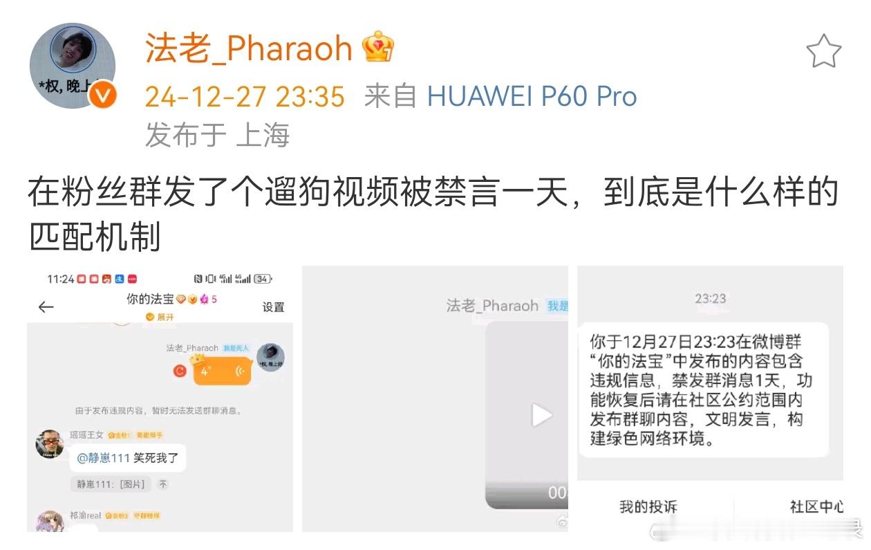 法老发一个遛狗视频都被禁言了[笑cry] 