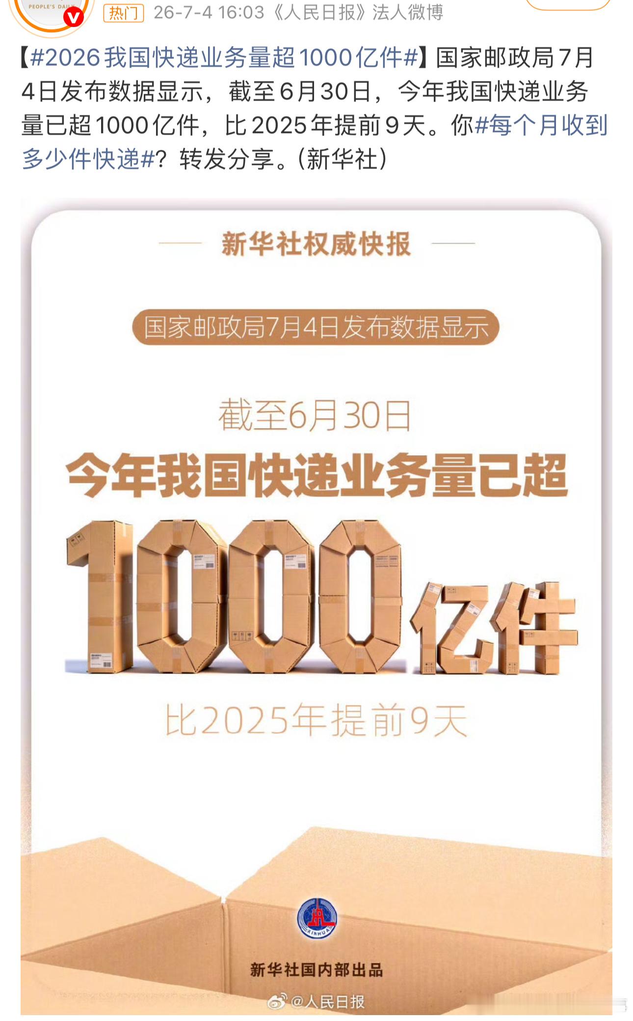 今年我国快递业务量已超千亿件今年快递超1000亿数量的时间比去年还提前了9天，大