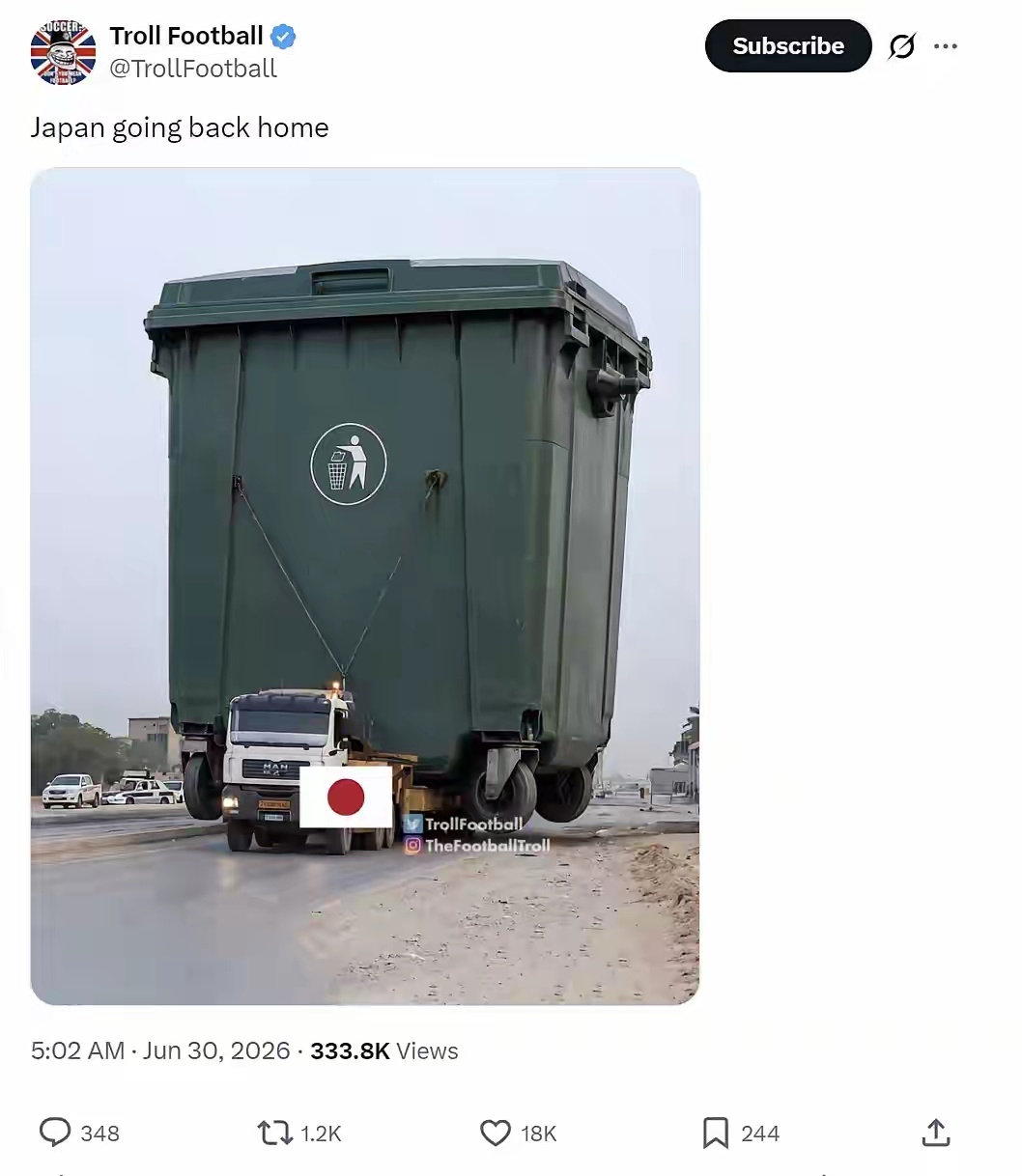 终于有外国网友受够了日本人的虚伪仗义执言了，日本队输掉了比赛打道回府，配图是个A