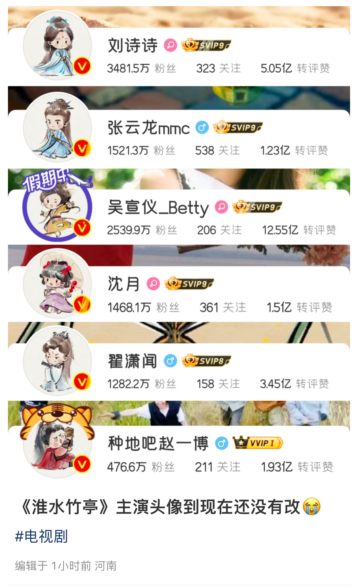 刘诗诗张云龙吴宣仪沈月翟潇闻赵一博《淮水竹亭》头像都还没改 ​​​