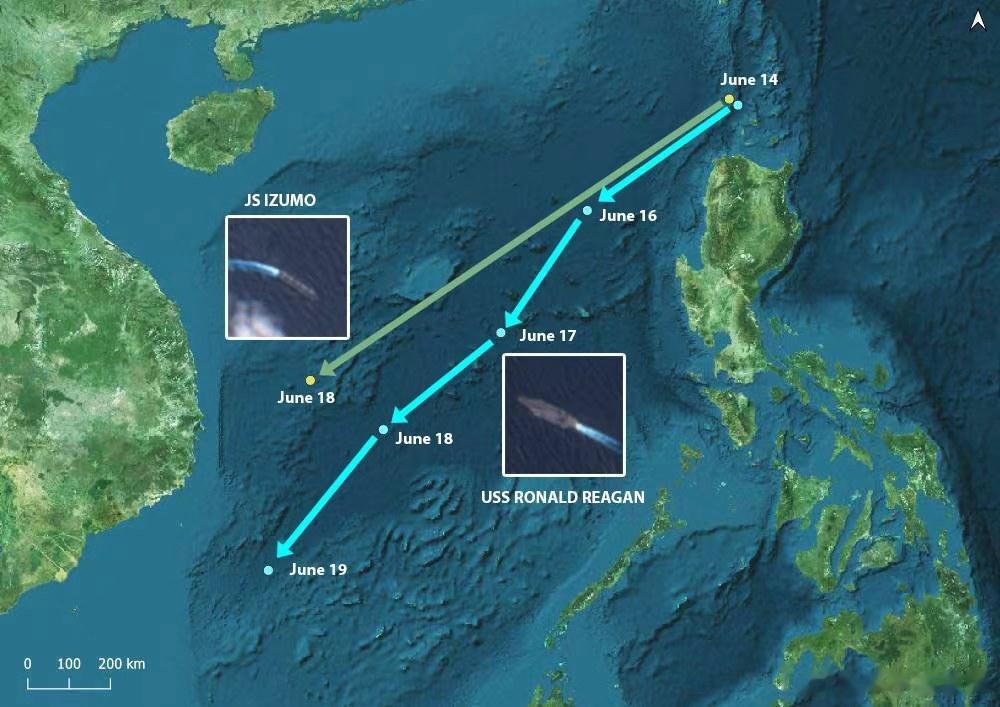 没想到啊，原来小日子的“出云”号准航母也与美国的“里根”号航母打击群一起进入了中