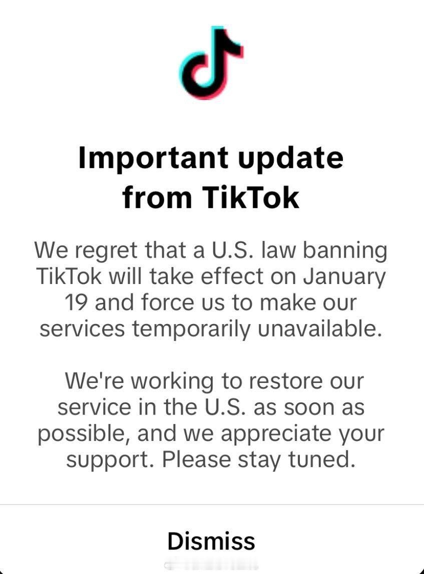 TikTok在美国应用商店下架 美国用户登录TikTok时，平台显示了一则提示信