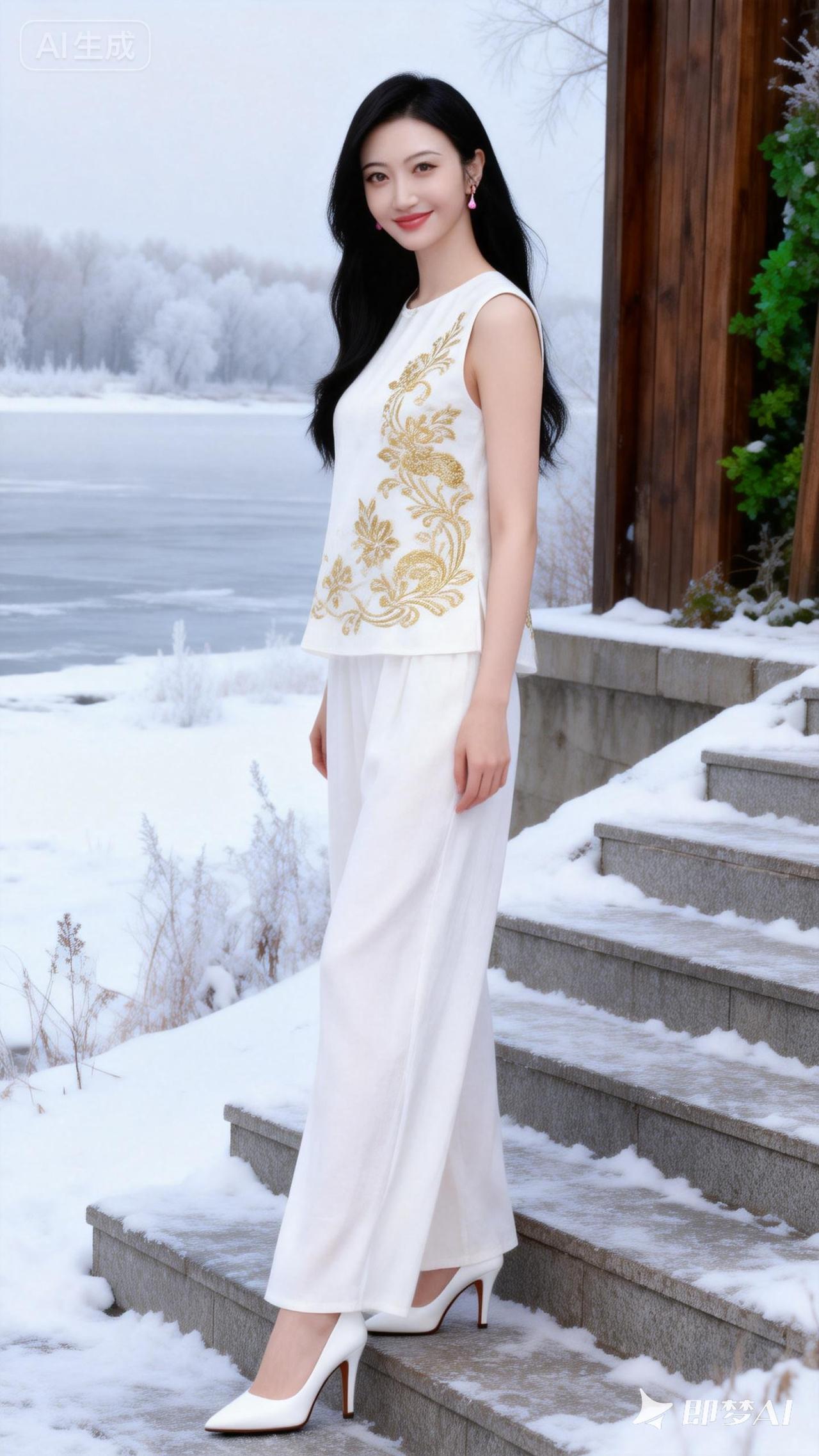 冬日雪景中的优雅穿搭，白色长裙与金色刺绣的完美结合，尽显温柔与高贵。