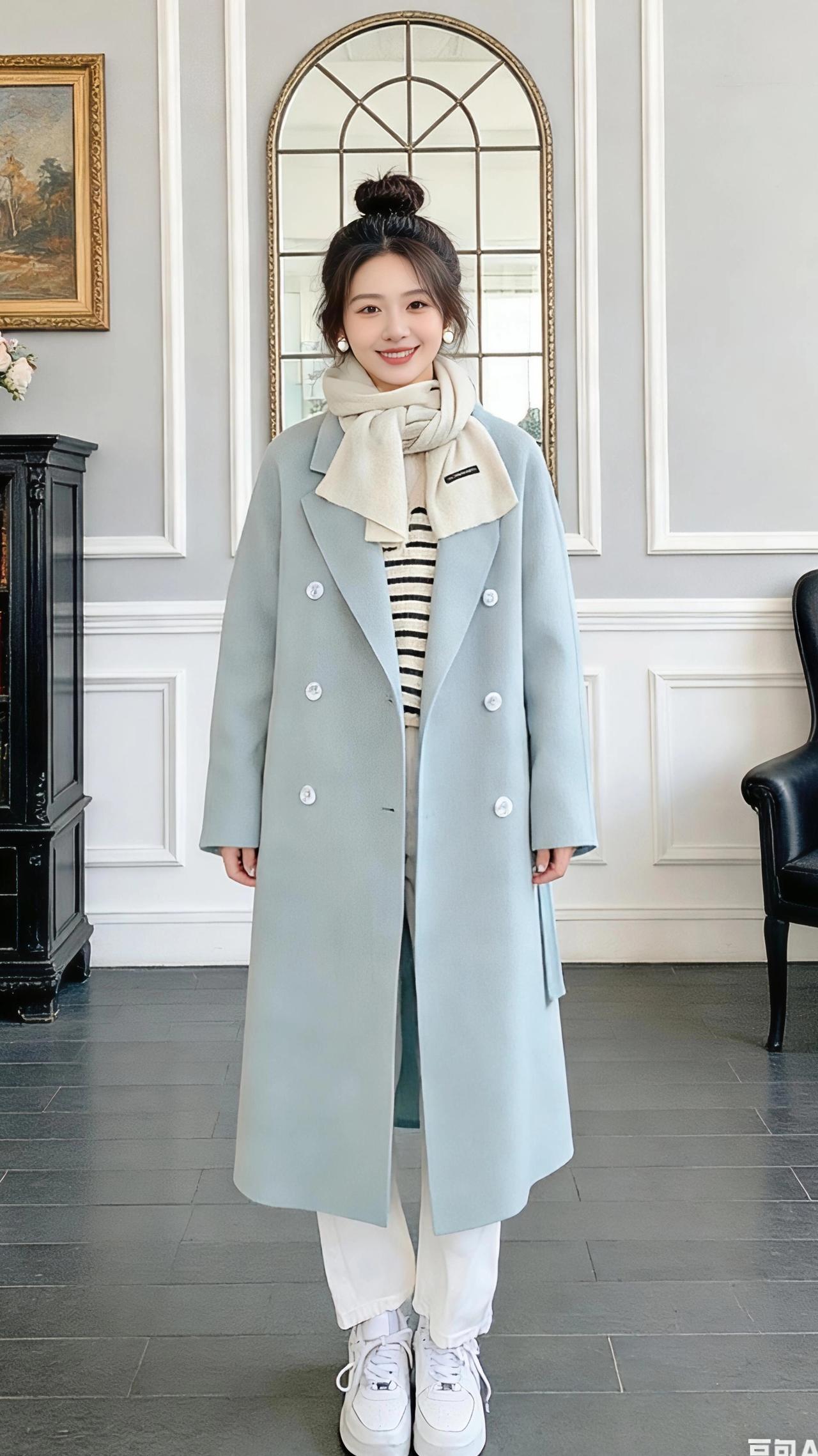 浅雾蓝大衣里的冬日温柔
 
浅雾蓝的大衣裹着初冬的软风，像把街角的晴空揉进了衣料