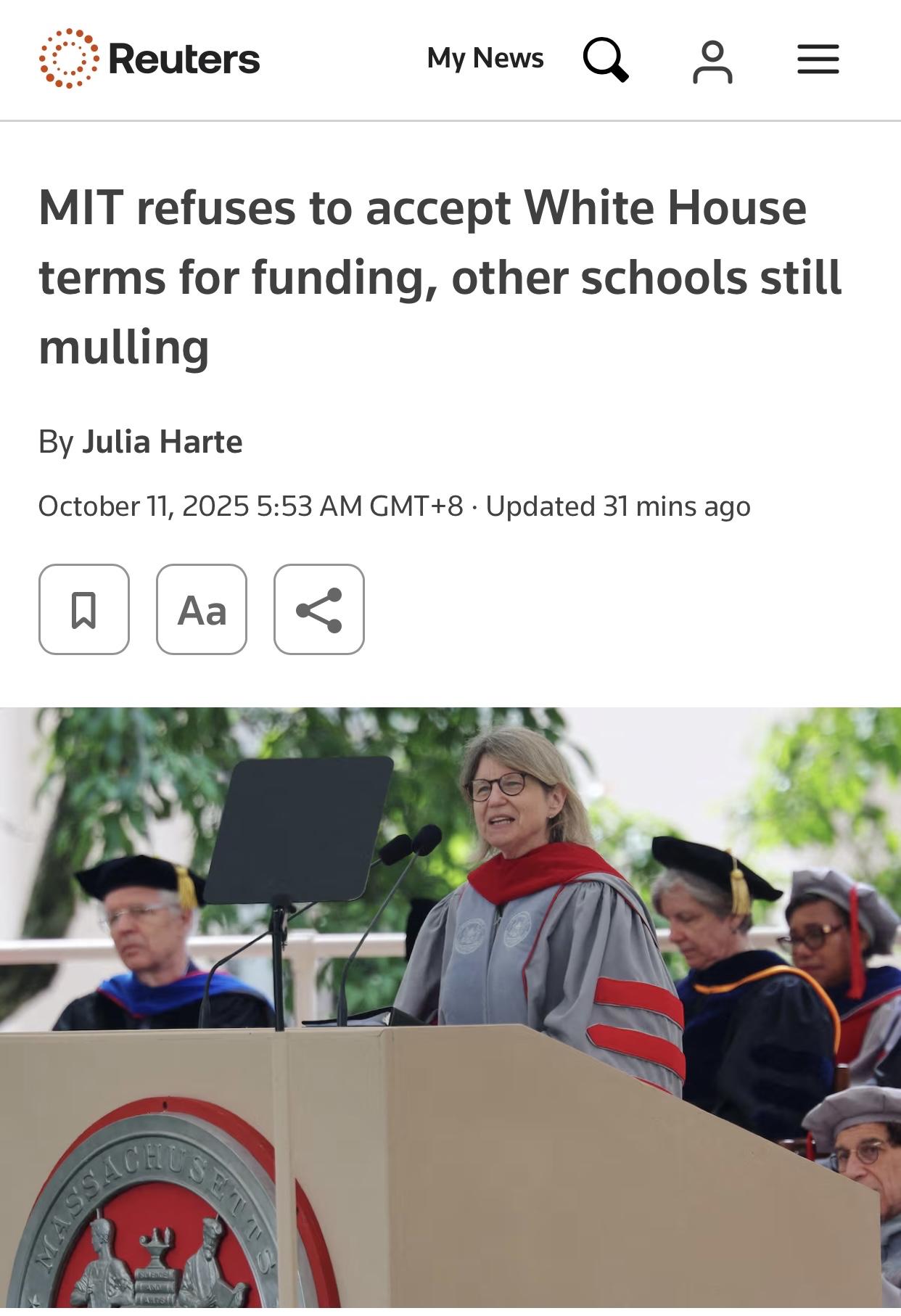 路透社：麻省理工学院成首个公开拒绝政府资助条件的大学

路透社10月10日电、1