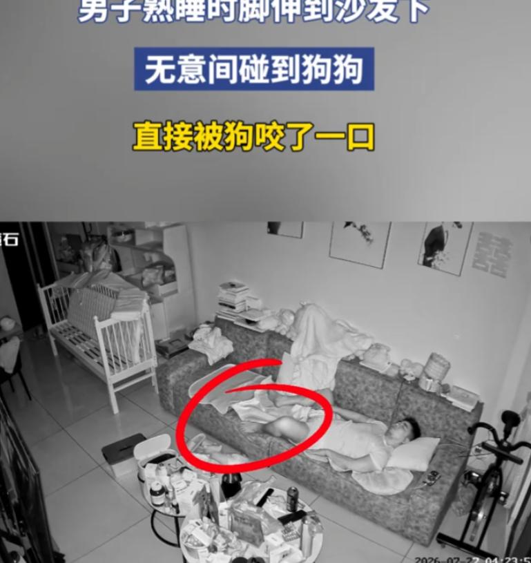 这也够倒霉的！网传一段家庭监控画面，一名男子在家沙发上熟睡，睡梦中调整姿势，脚滑