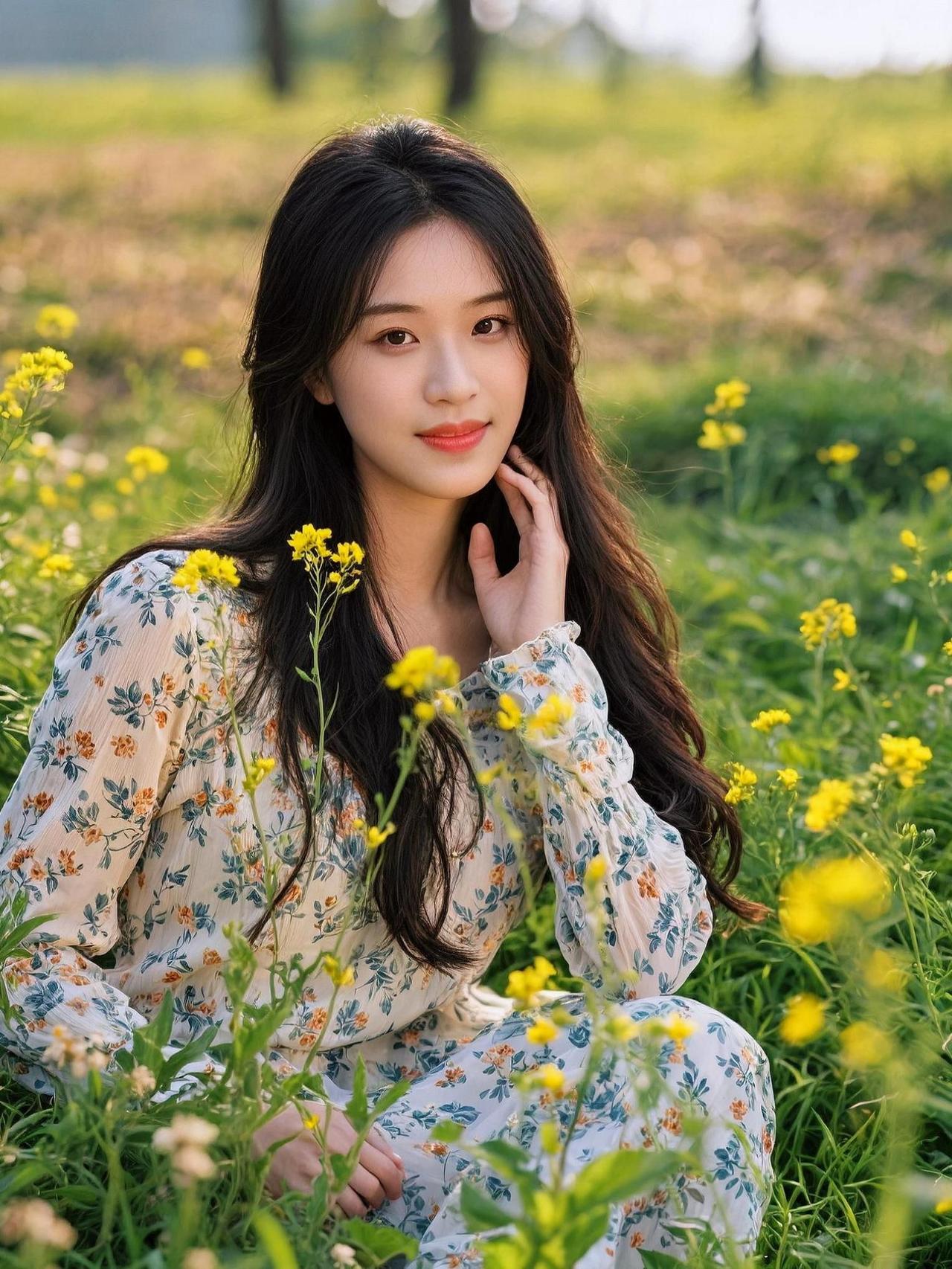 在这片花海中，阳光洒下金色的细碎光芒，仿佛时间也变得柔软而缓慢。她站在花丛中，裙