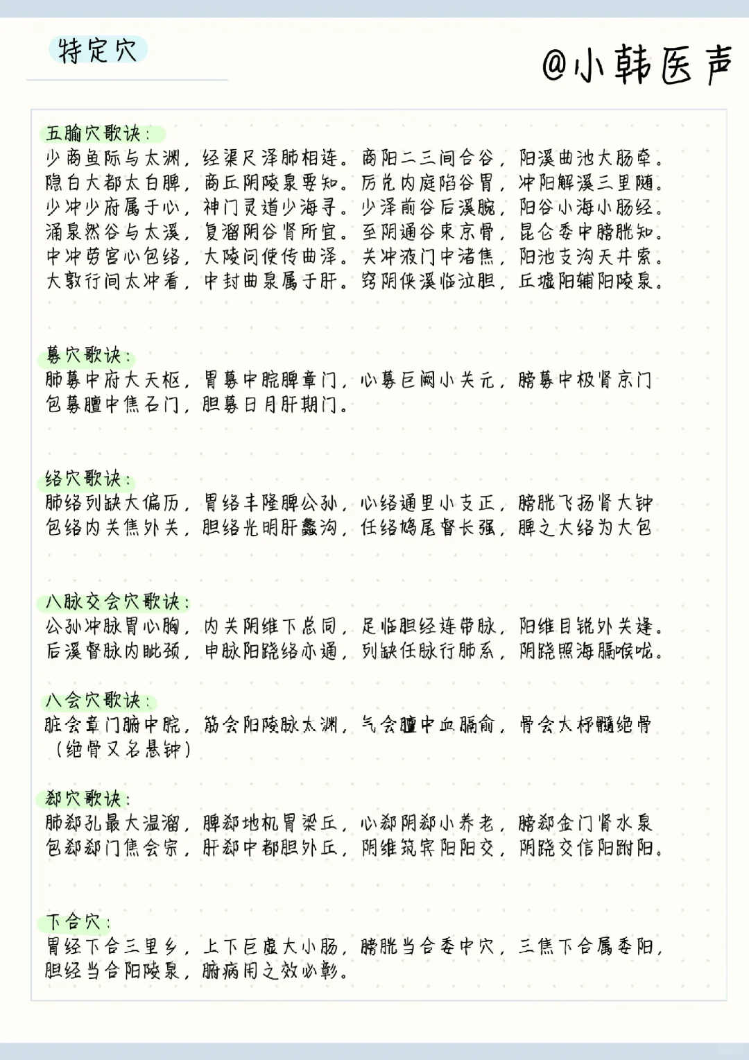 执医针灸特定穴歌决