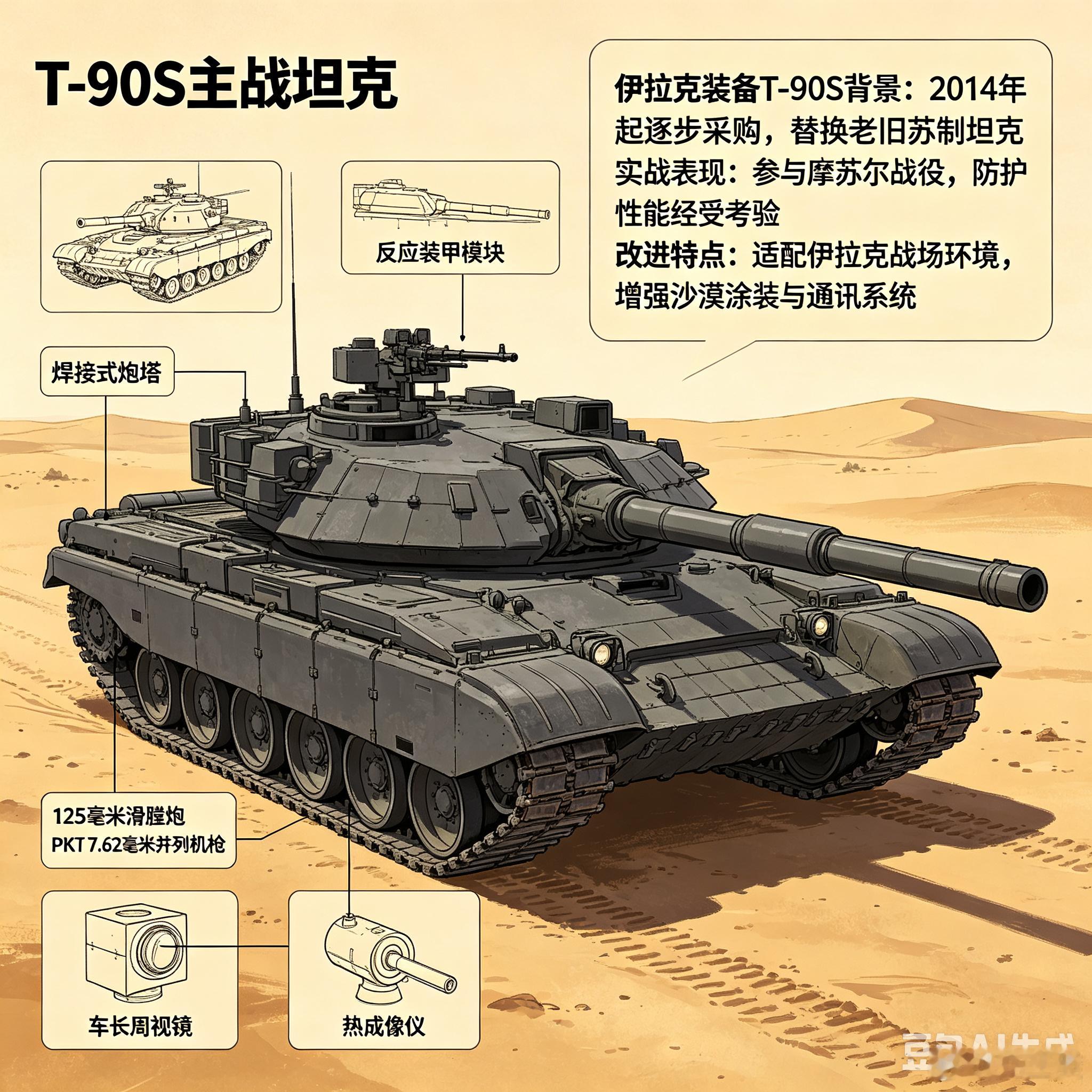 军事ai新视野ai热力追踪 伊拉克 T-90S 主战坦克（图片由豆包ai生成）全