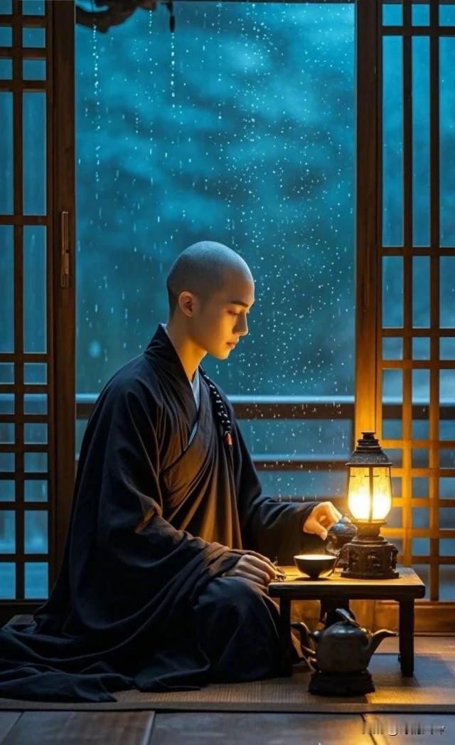 疏雨敲窗洗俗华，
残灯半盏映袈裟。
万般浮念随流去，
皈依佛门就是家。