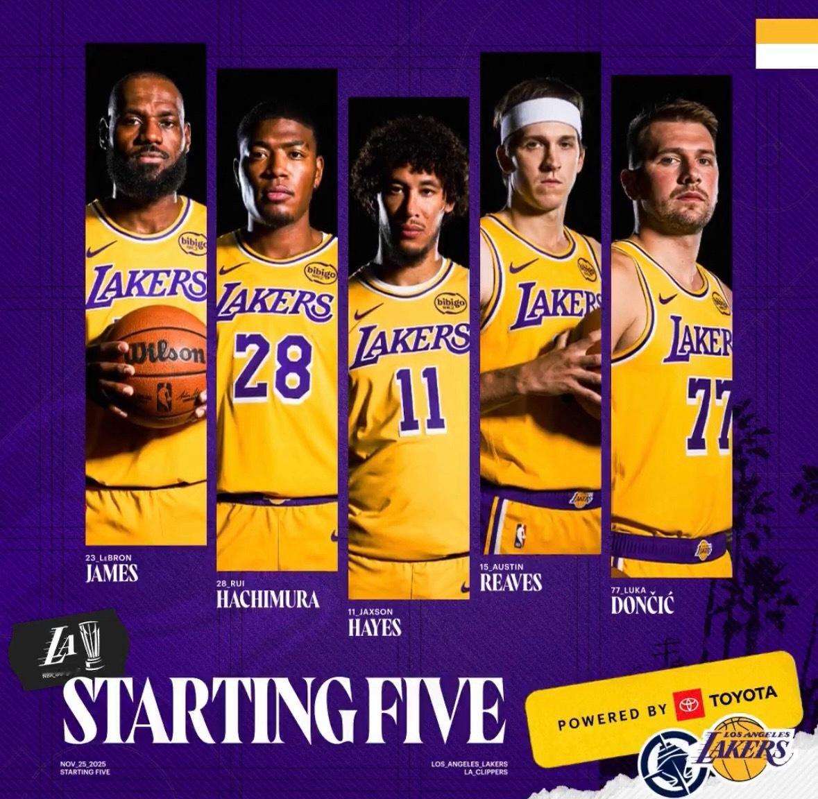 湖人首发：东契奇、小里、八村塁、詹姆斯、海斯快船首发：哈登、邓恩、伦纳德、柯林斯