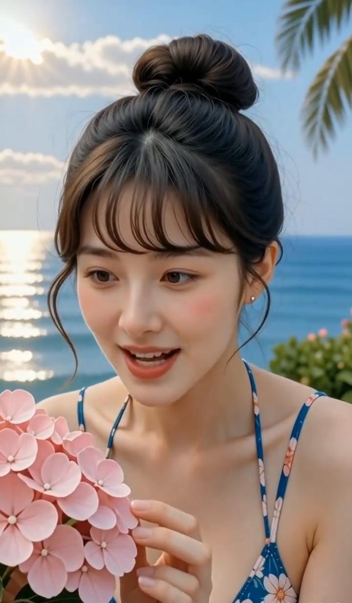 今天天气真好，这朵花好像在跟我打招呼。海风也这么温柔，就这样坐着就很幸福。