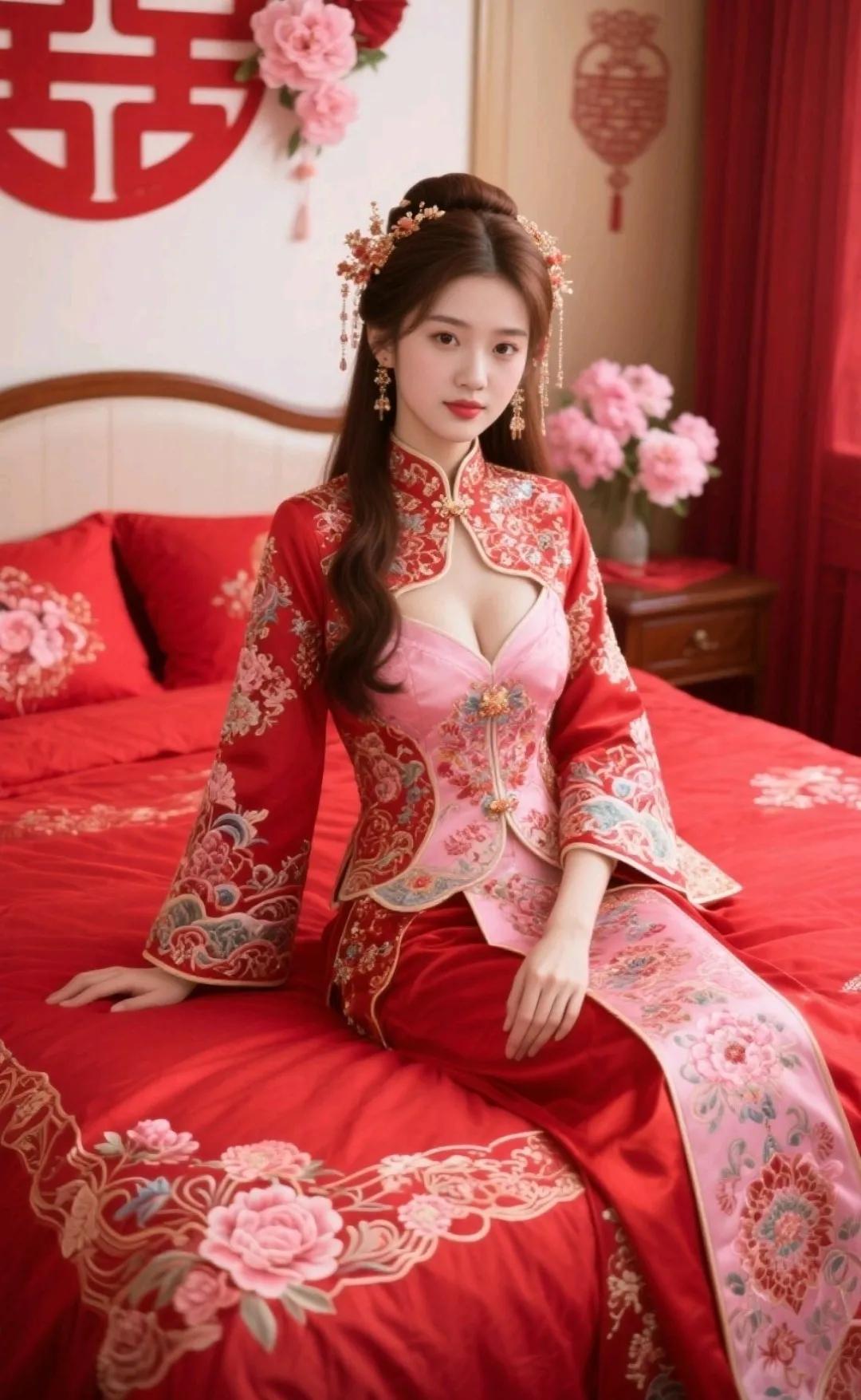 新娘子穿着传统婚服，坐在床上，美得像画一样。