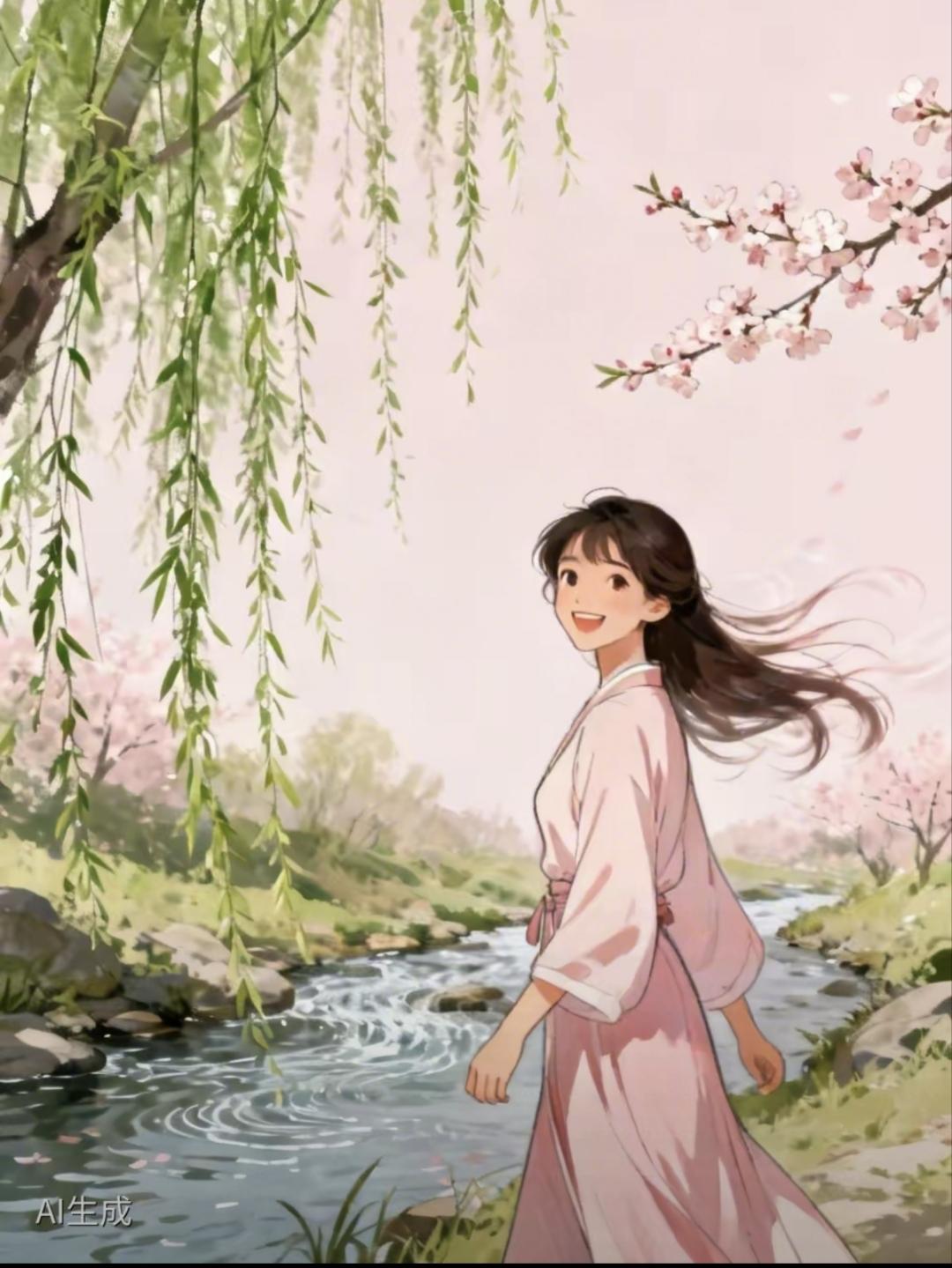 天净沙·佳人漫步
佳人漫步芳春，
溪光柳影闲身，
一笑桃花自嫩。
东风轻吻，
醉