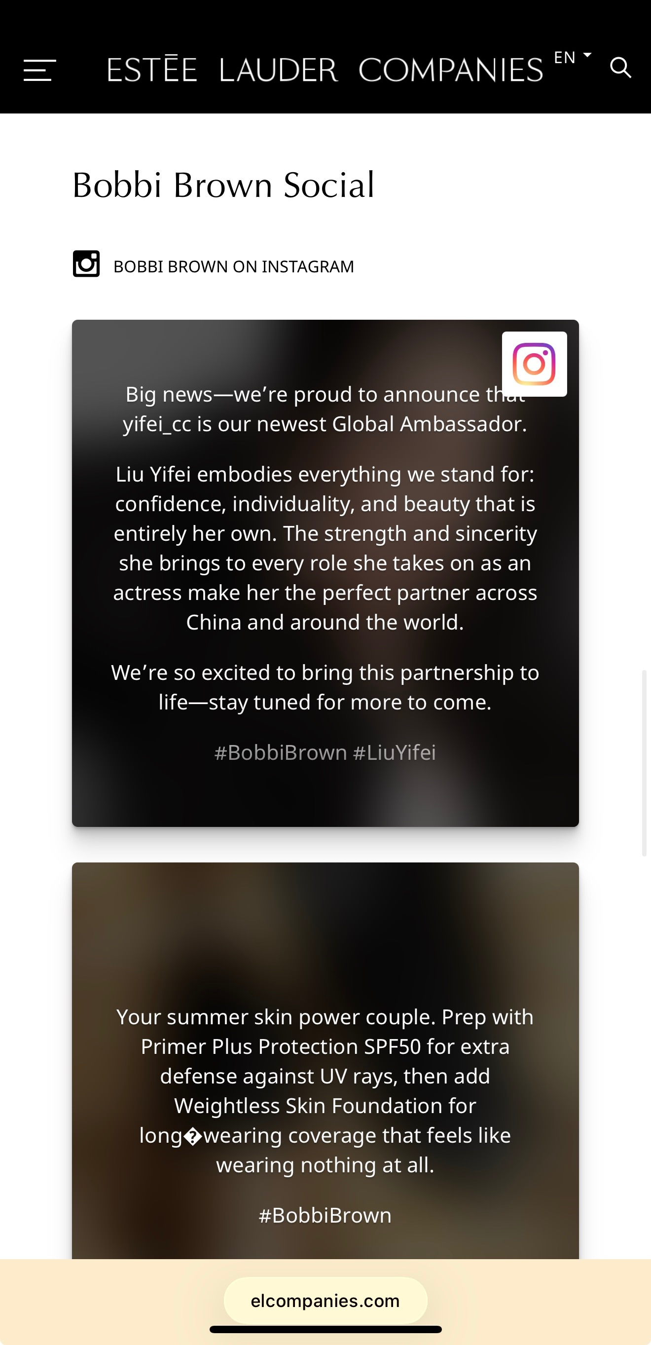 雅诗兰黛集团全球官网同步Bobbi Brown官宣刘亦菲巨星就这样全球闪耀！刘亦
