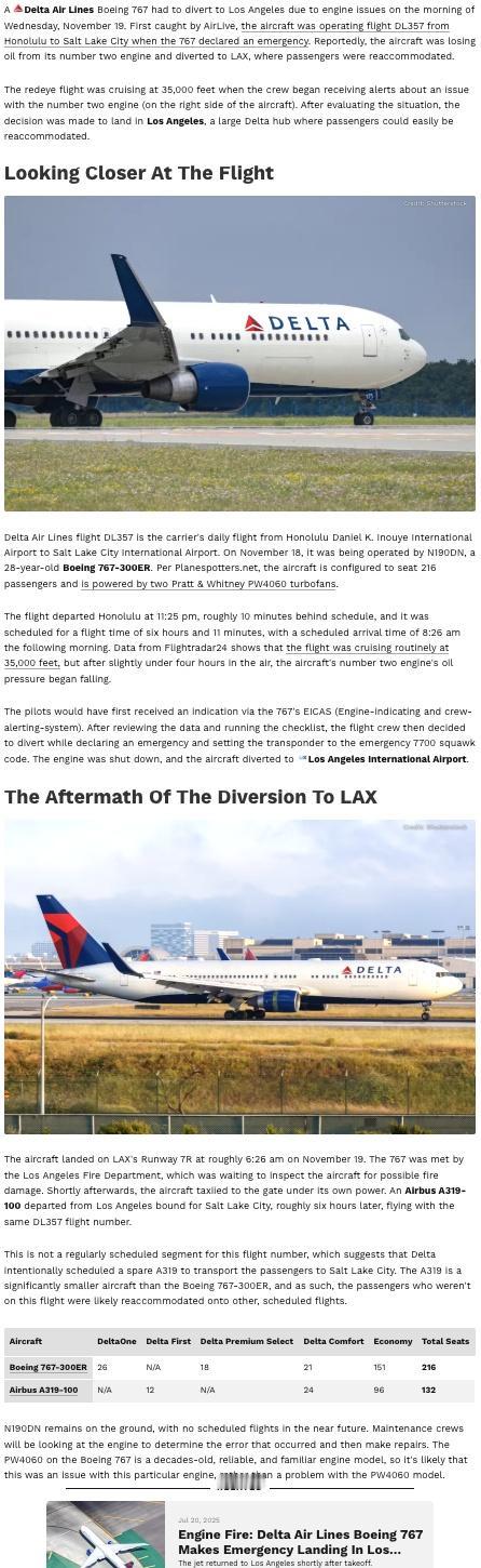 达美航空一架从檀香山飞往盐湖城的波音 767（航班 DL357）因右侧二号发动机
