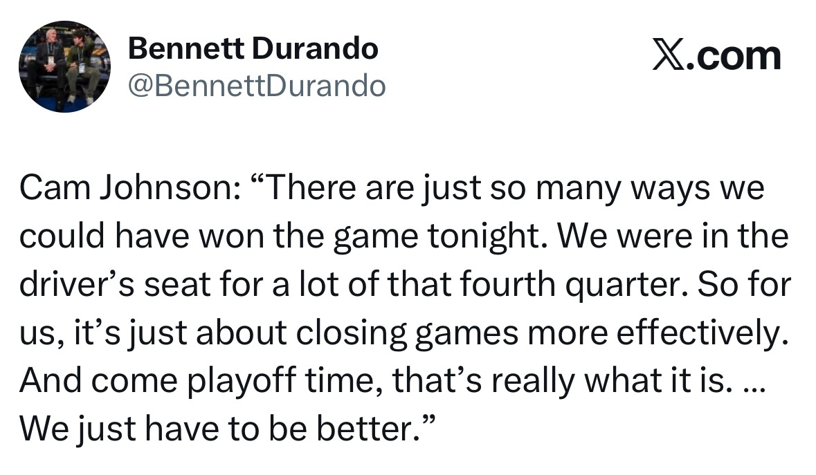 卡姆-约翰逊：我们本可以用很多种方式赢下今晚的比赛。第四节大部分时间我们都处于主