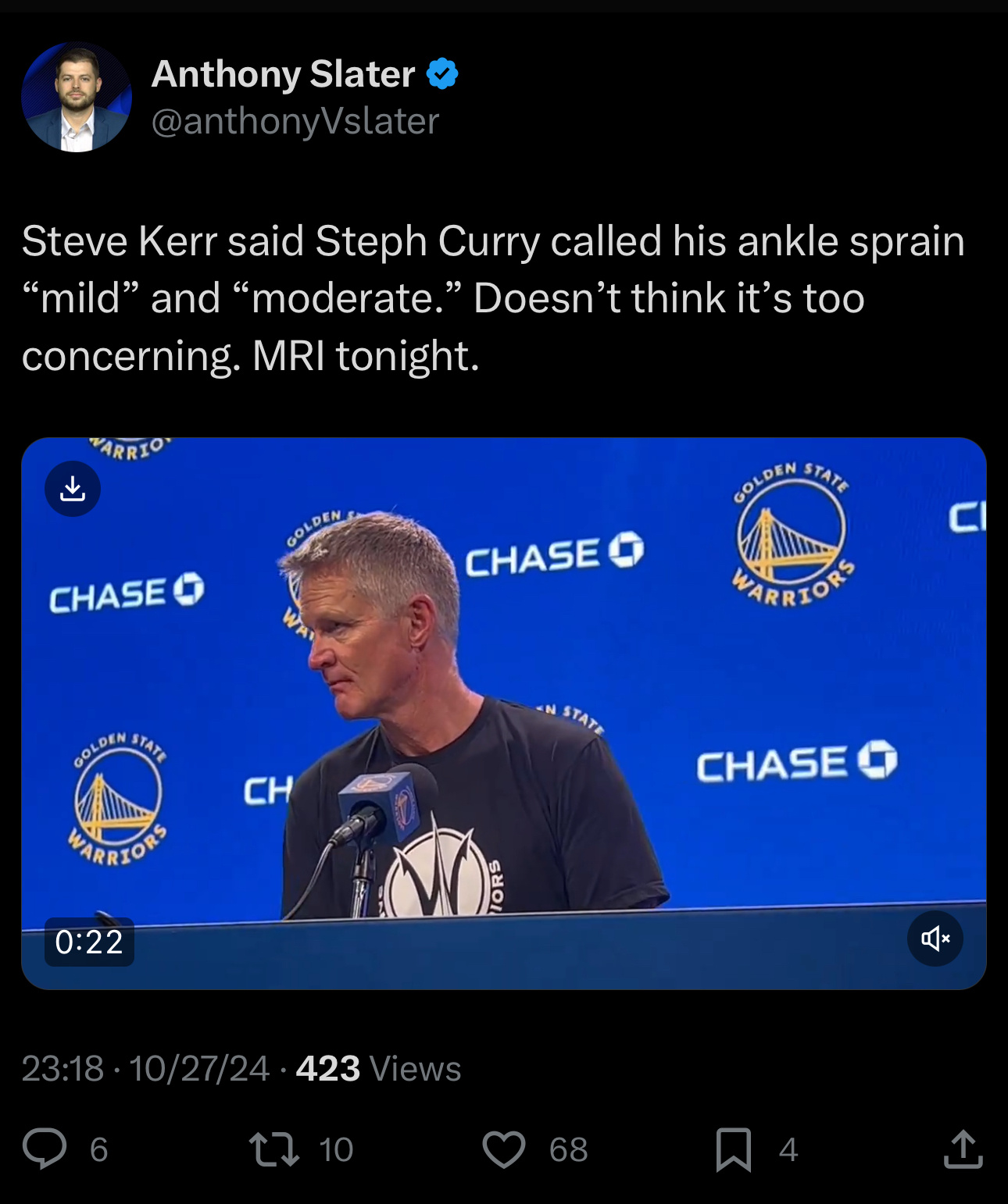 科尔赛后说库里状态不错，库里说自己的扭伤是轻微的，库里今晚会进行MRI希望无大碍