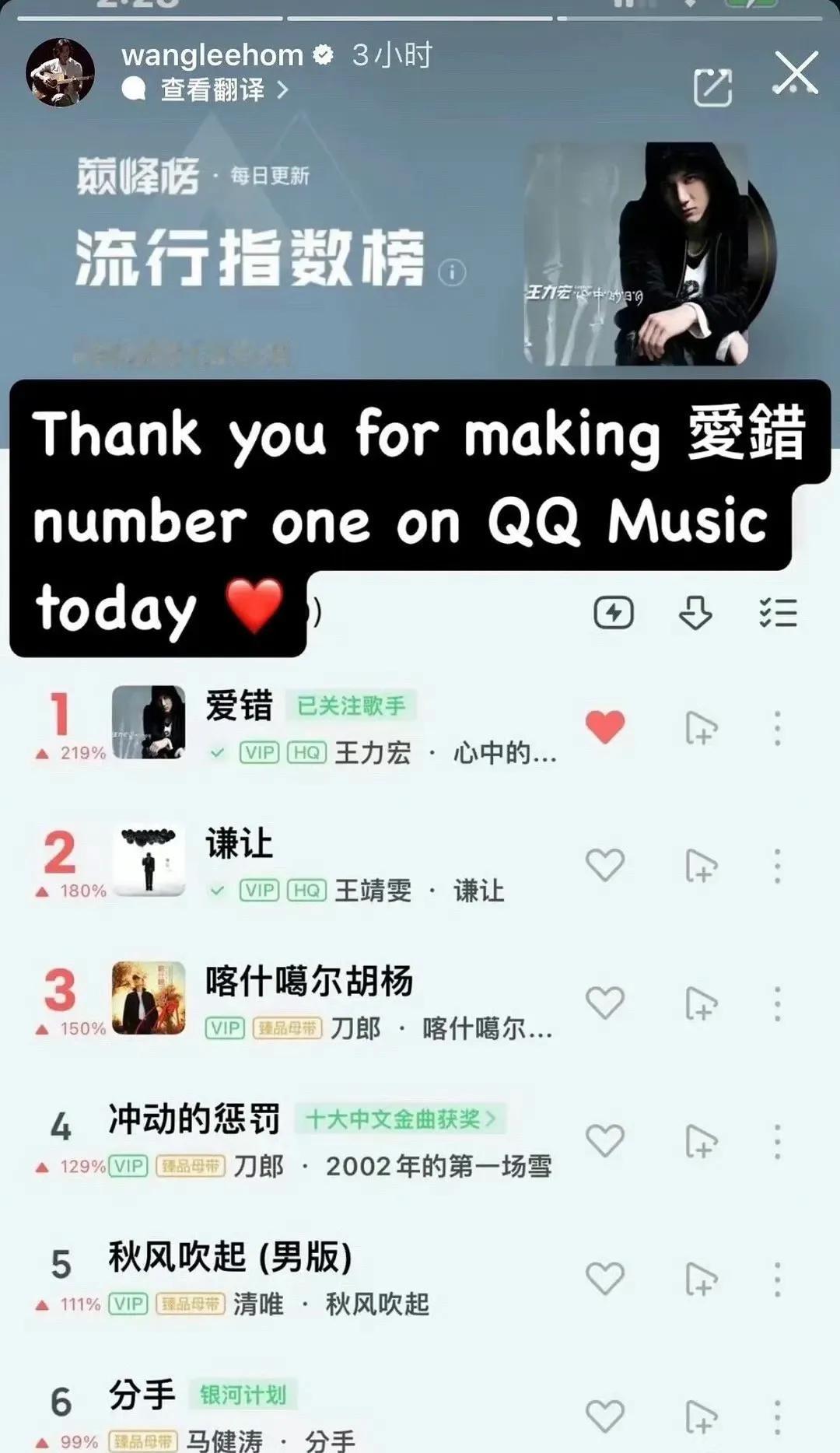 王力宏在ins上晒自己音乐的飙升榜
没想到他这么臭屁[捂脸][捂脸]
#王力宏震
