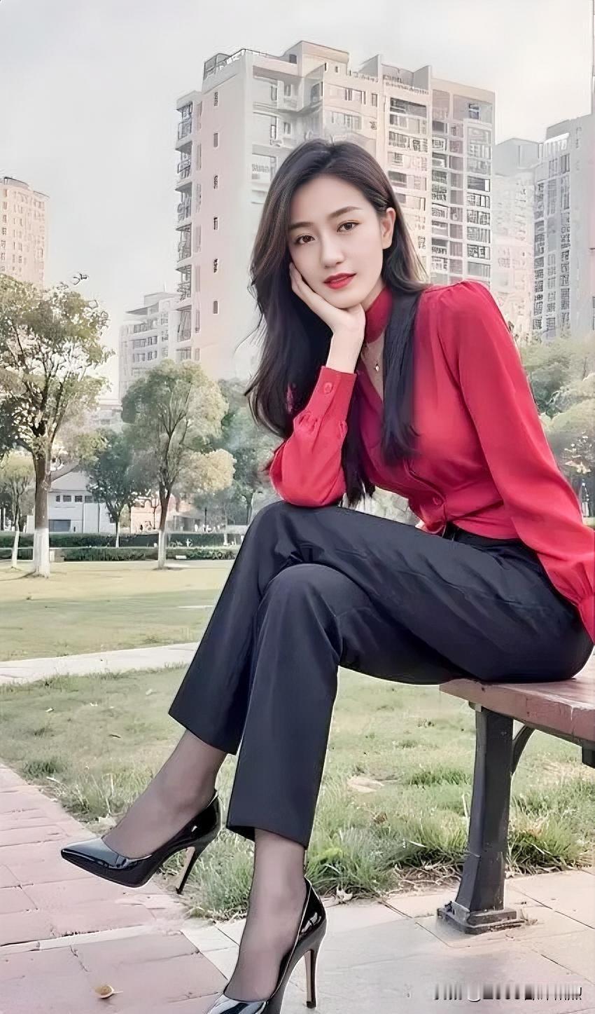 红衣倚秋光，眉眼温婉，静守城市一隅。