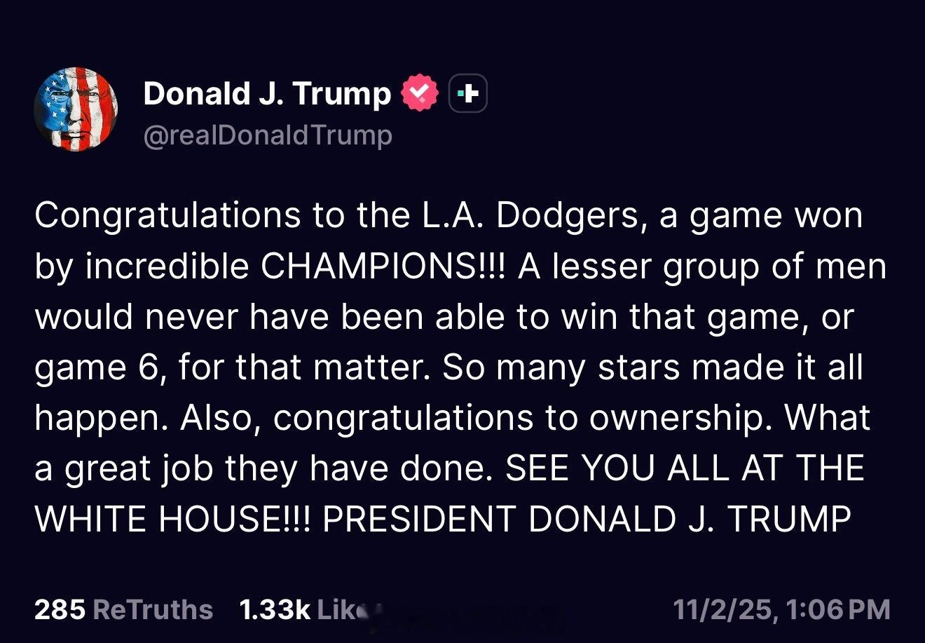 世界大赛落幕，川普和卡尼分别发来贺电，祝贺史诗级的比赛。🇺🇸🇨🇦川普：“