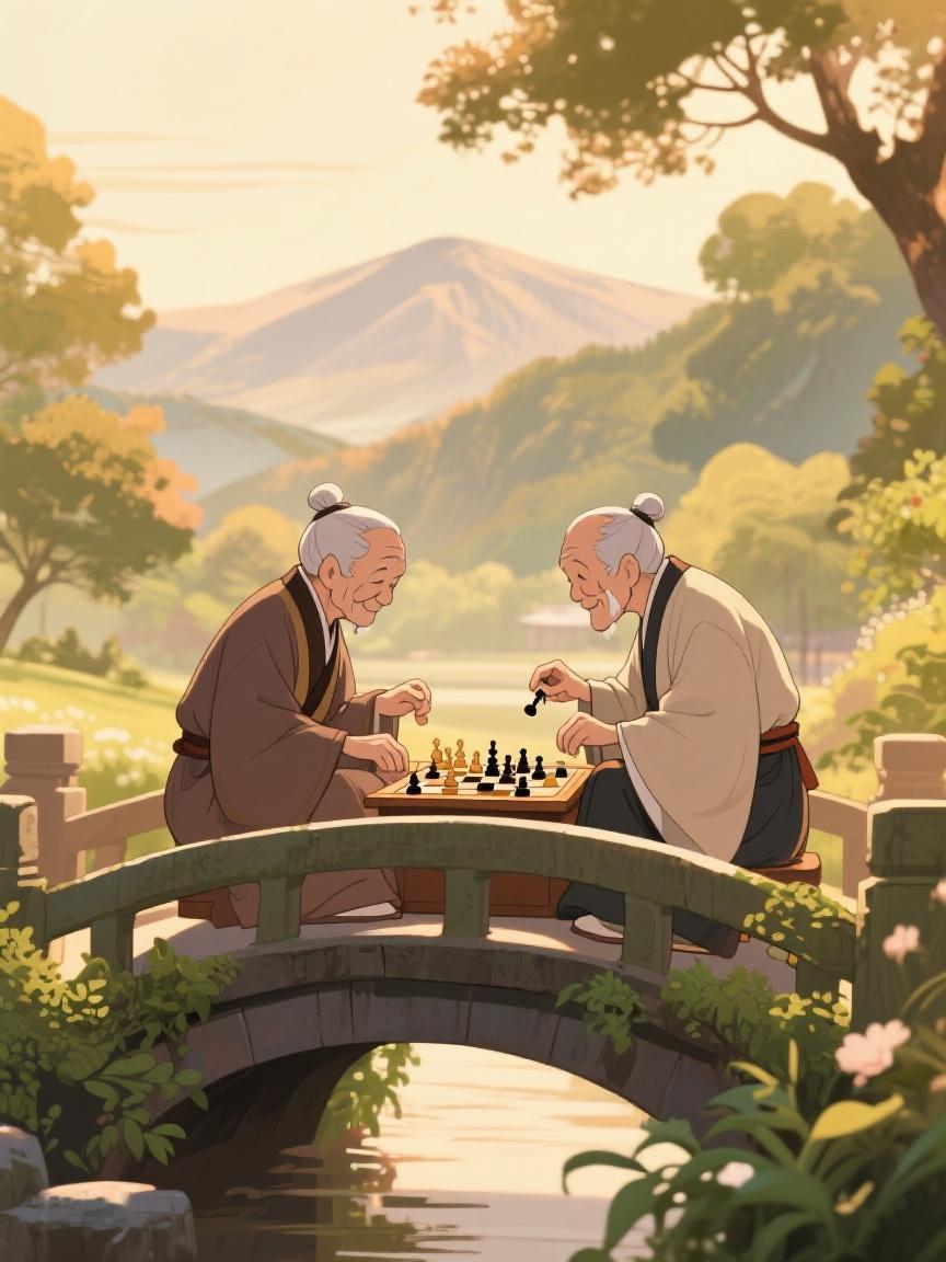 AI妙生图在桥上，两位老者对弈时光。每一步，都是对生活节奏的独特探索，韵味悠长~
