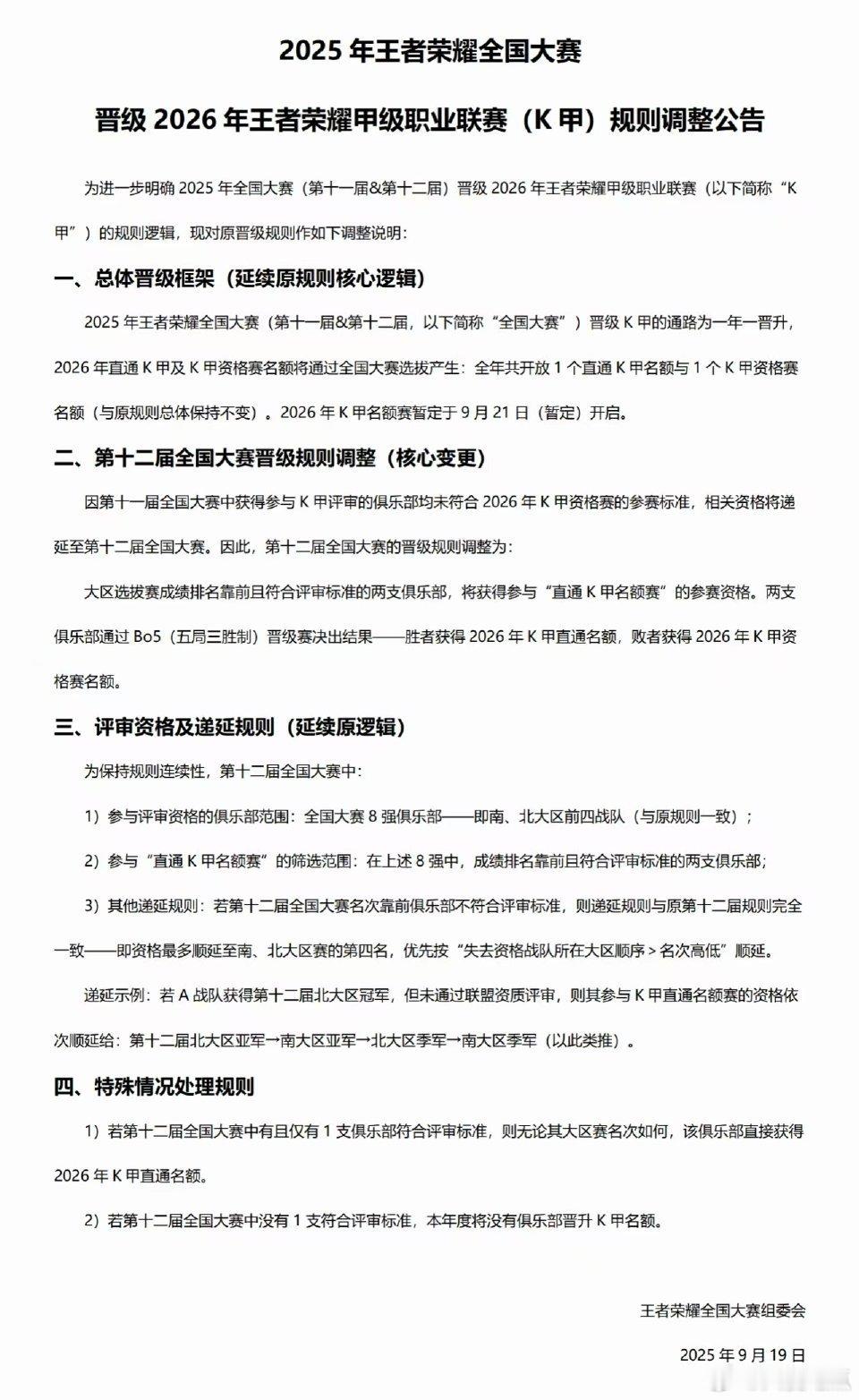 2025年王者荣耀全国大赛晋级2026年王者荣耀甲级职业联赛(K甲)规则调整公告