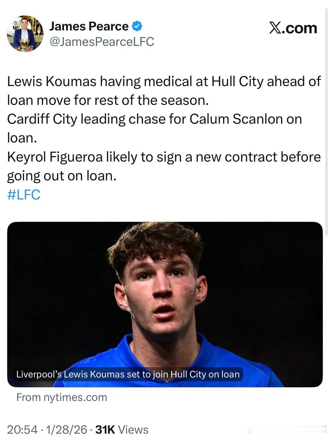 库玛斯在接受体检准备加盟赫尔城卡迪夫城领跑租借斯凯伦菲格罗亚应该会在外租之前会先