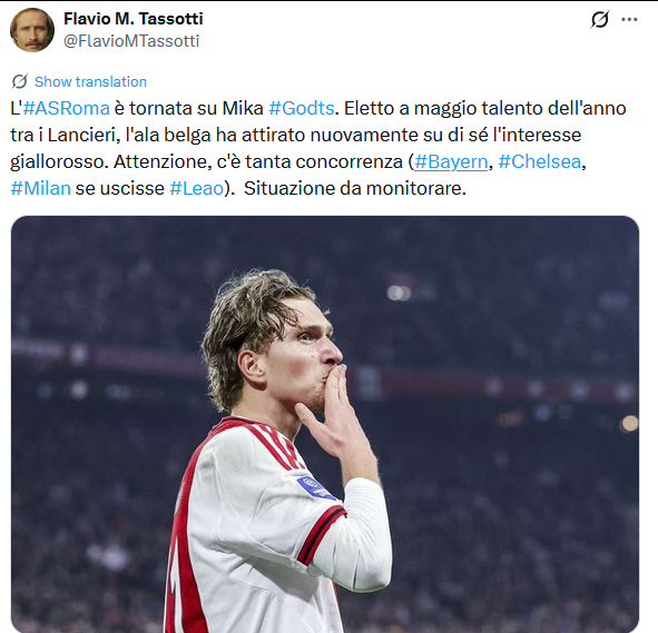 Tassotti：罗马再次关注阿贾克斯边锋米卡-古茨，但竞争非常激烈，拜仁、切尔