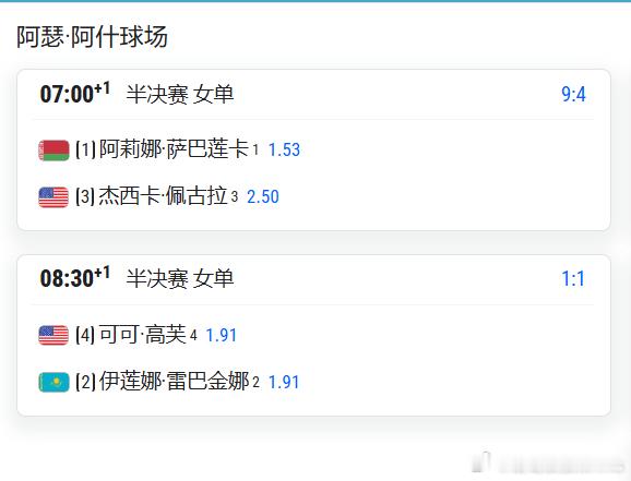 美网2026 9.11日早上进行两场女单半决赛整点开07:00    萨巴伦卡 