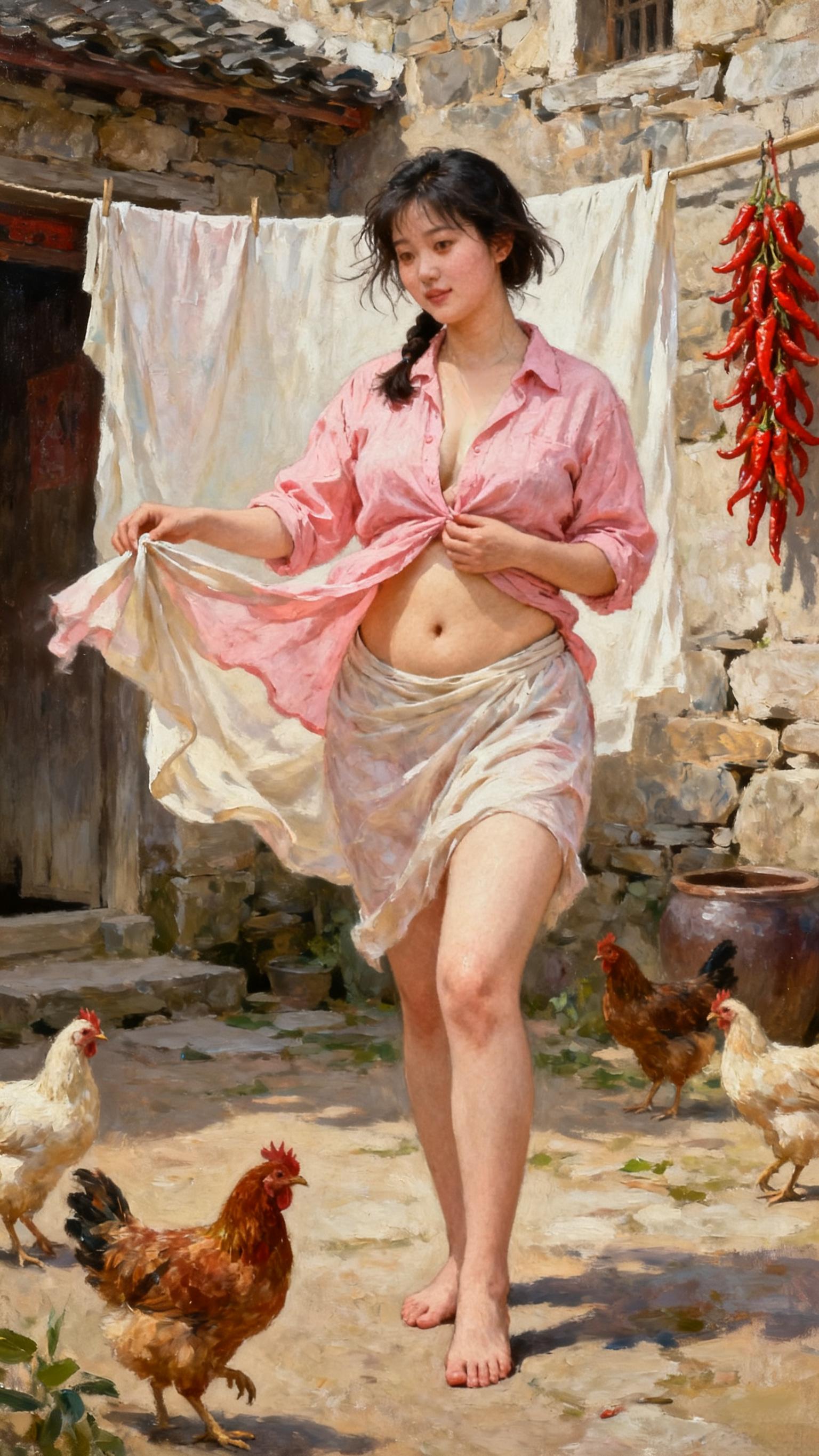 农家小院 油画里的美人 农家散养鸡