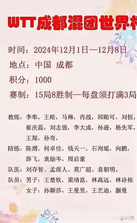 福冈总决赛才刚落幕，国乒又要开始新比赛，12月1日到12月8日为期七天的成都混合