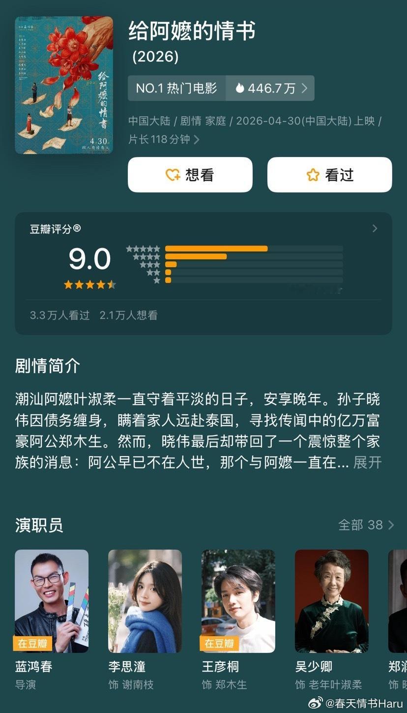 《给阿嬷的情书》豆瓣开分9.0分 2020年以来，豆瓣评分高于9.0分的华语院线