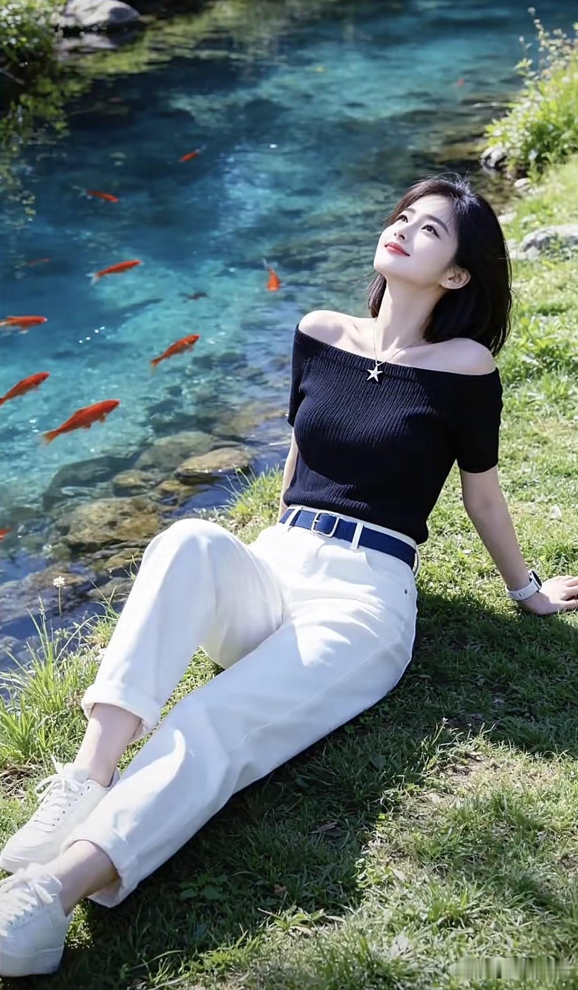 碧水映红鲤，芳草映美人。绿水泛波春正浓 绿水泛渔舟 暮霞染柳堤 绿水泛渔舟 暮霞