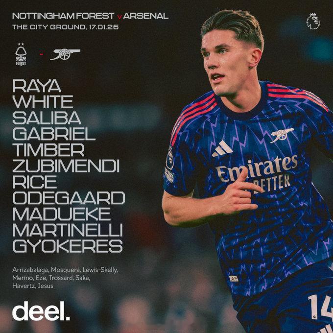 阿森纳首发：1-拉亚、2-萨利巴、4-本·怀特、6-加布里埃尔、12-廷伯、8-