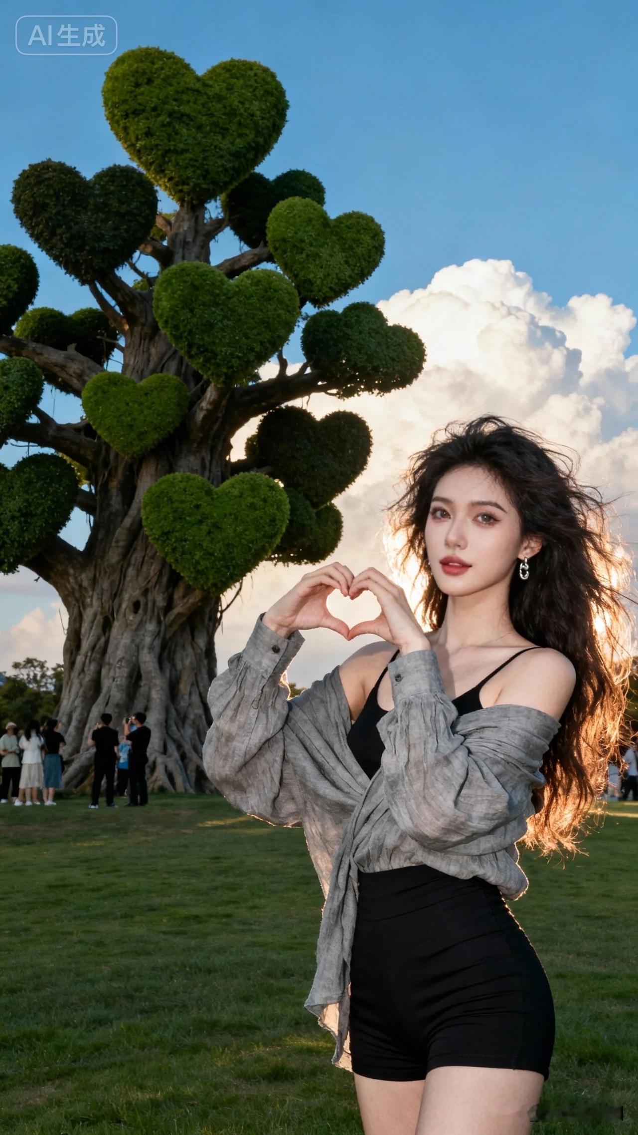 在公园里，女孩对着镜头比出心形手势。