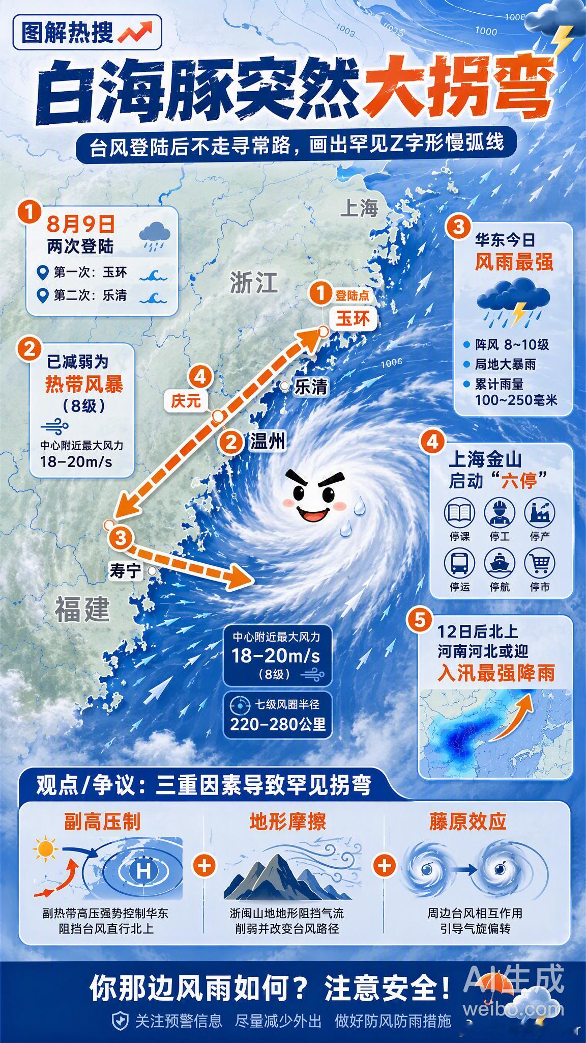 白海豚突然大拐弯台风“白海豚”在两次登陆浙江后，没直接北上，反而在温州附近绕了个