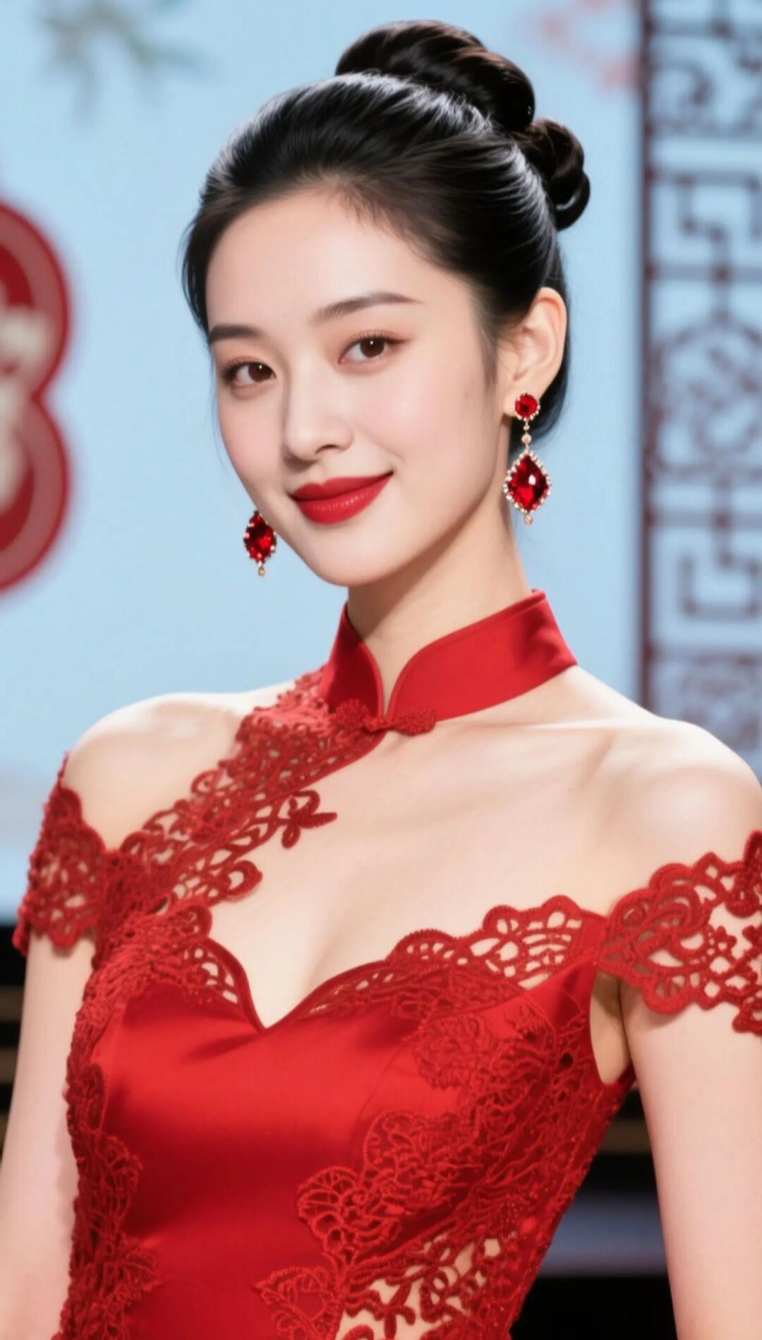 优雅红裙，闪耀耳环，东方美人气质满满！🌸💃👗