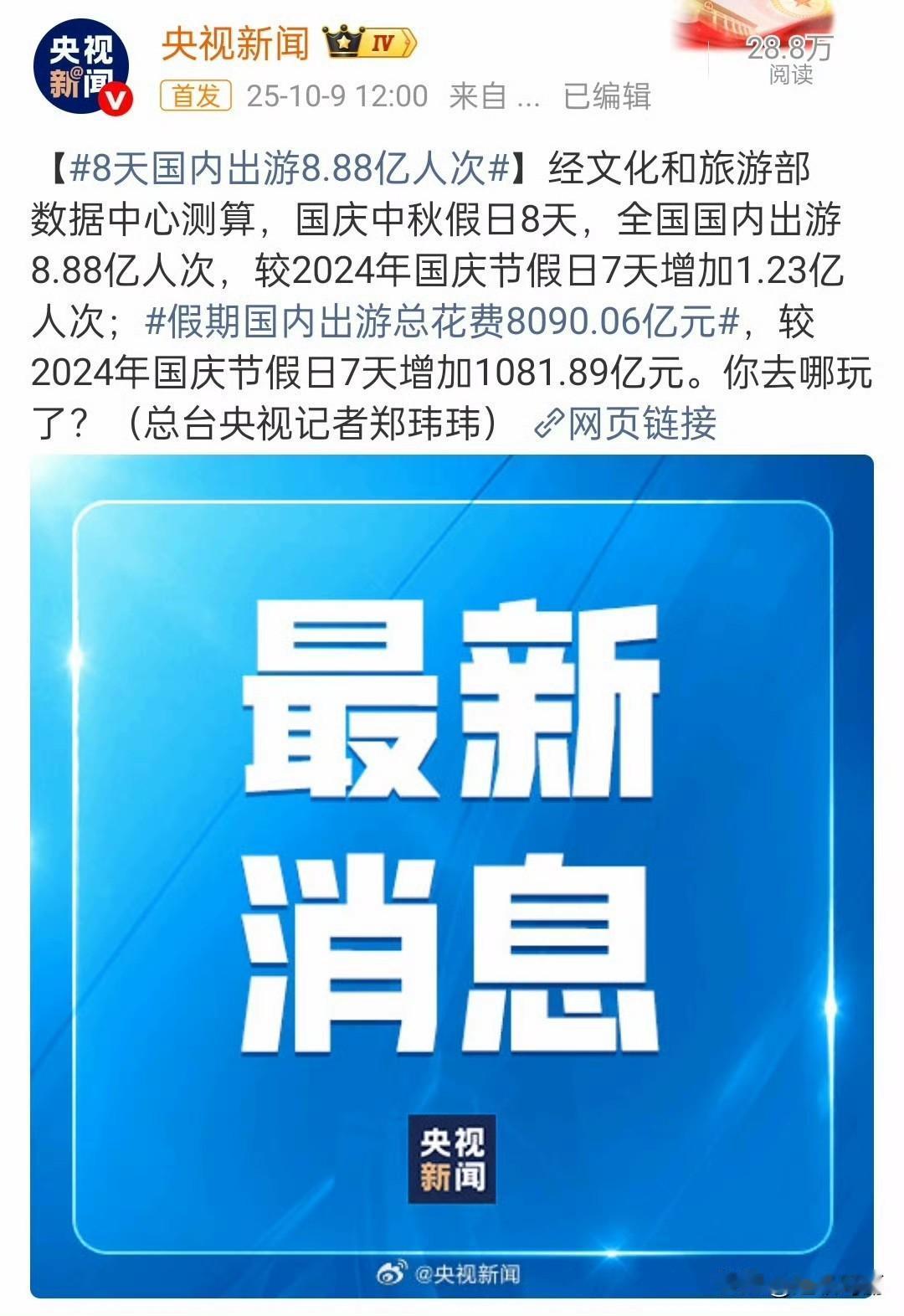 8.88亿人次，花了八千亿？
说明假期时间长能刺激消费[奸笑]十一出行人次