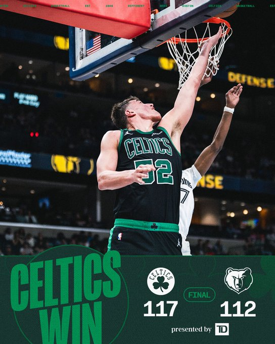 全场比赛结束，我们最终在客场117-112战胜灰熊☘️布朗30分6篮板6助攻☘️