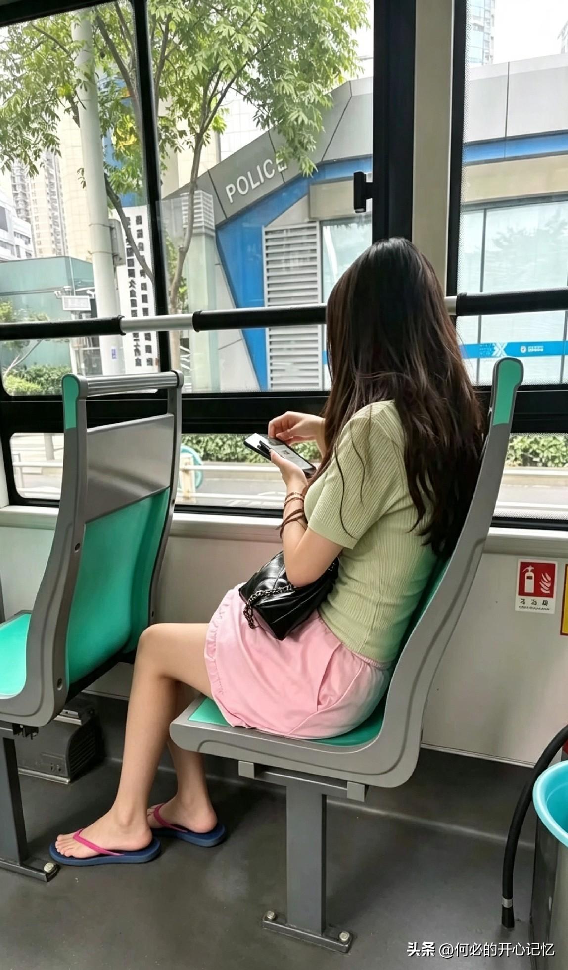 公交上美女坐姿引争议，看到脚上那双鞋，网友吵翻了

公交车晃晃悠悠。

她坐在靠