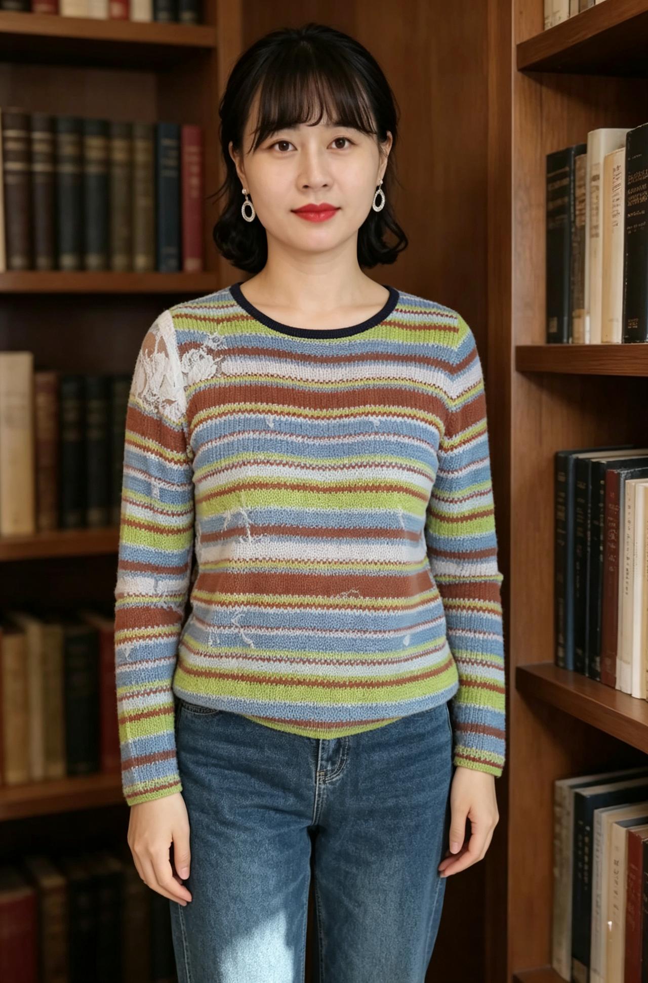 彩纹针织韵悠长，静立书斋自带香。
眉眼端庄含雅致，一身温婉胜春芳。