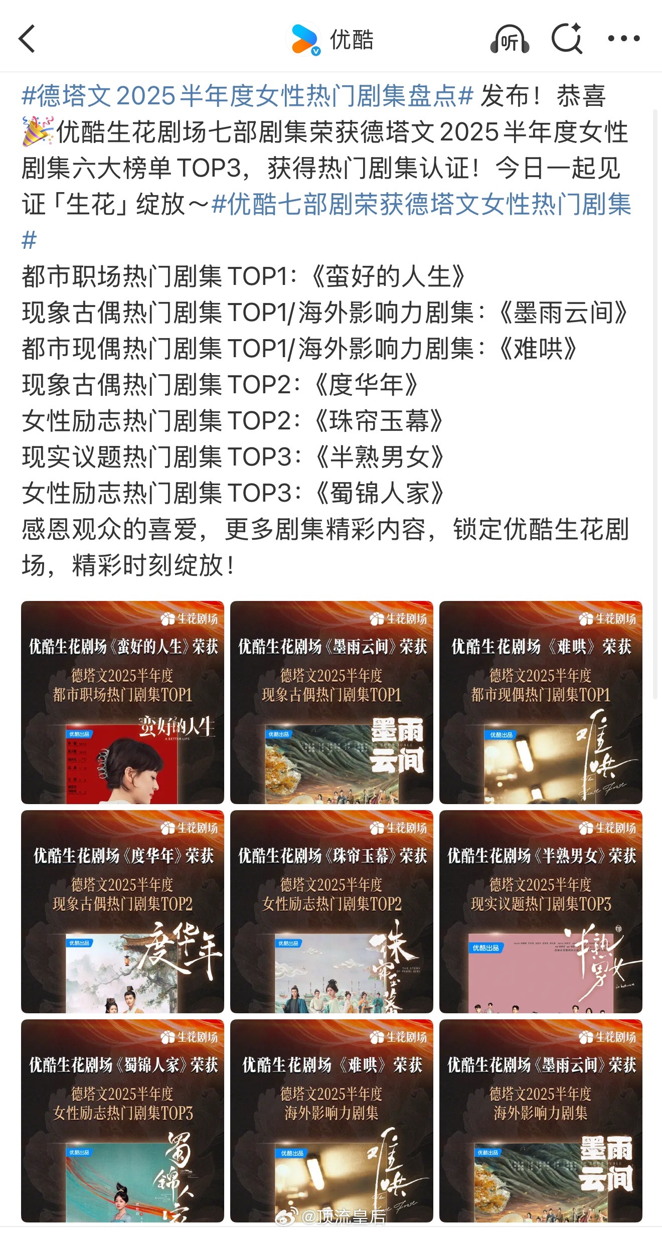 优酷给自家上半年播出的剧发奖状啦，有大家喜欢的剧集上榜吗？优酷七部剧荣获德塔文女