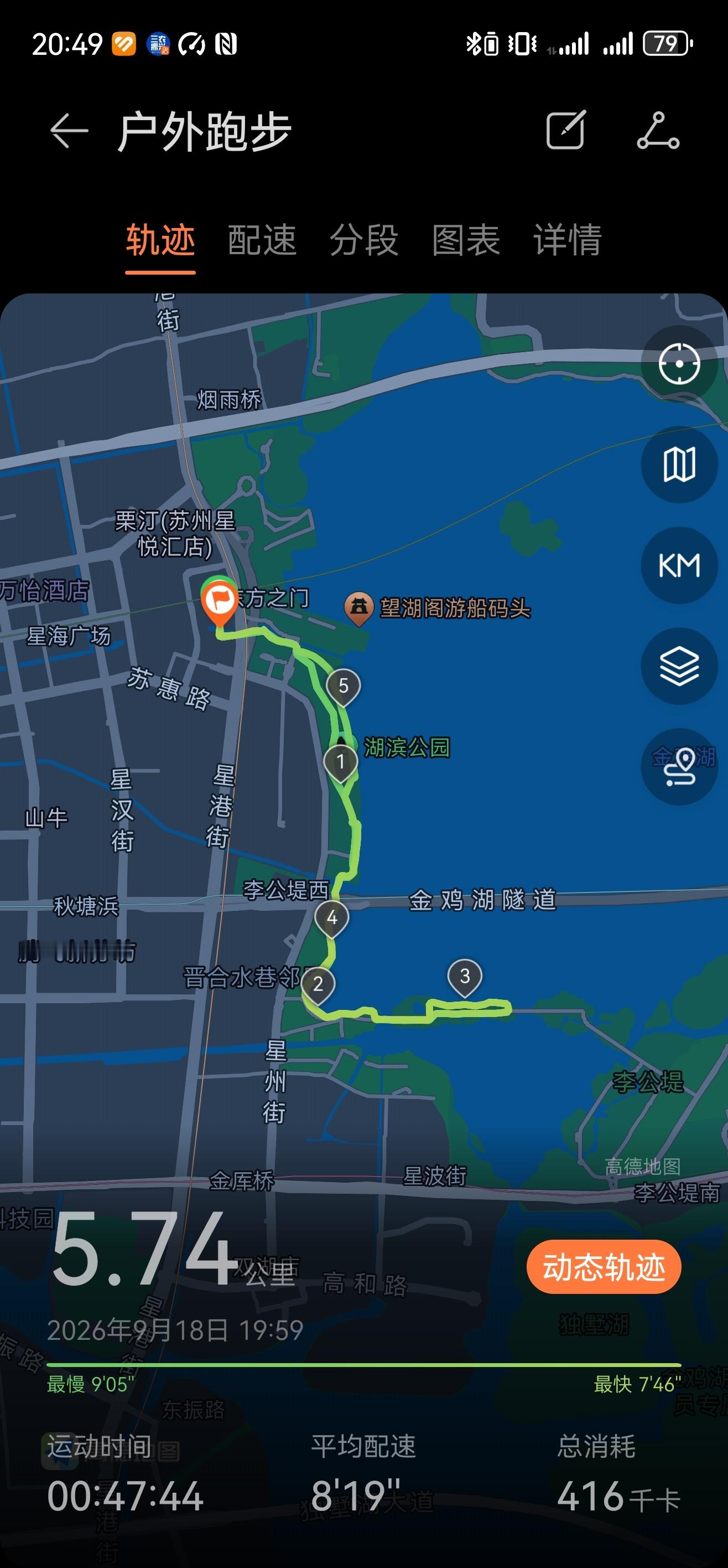 19：30接好儿子回家，利用21：30接姐姐放学的空隙，沿金鸡湖畔慢跑了5.74