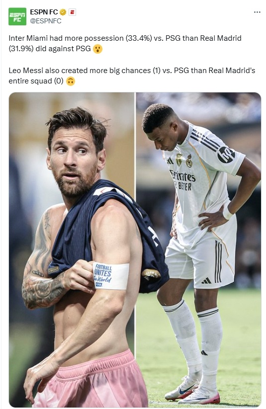 【10亿豪阵去跟6000万的比，是不是过分了🤓】ESPN：迈阿密vs巴黎的控球